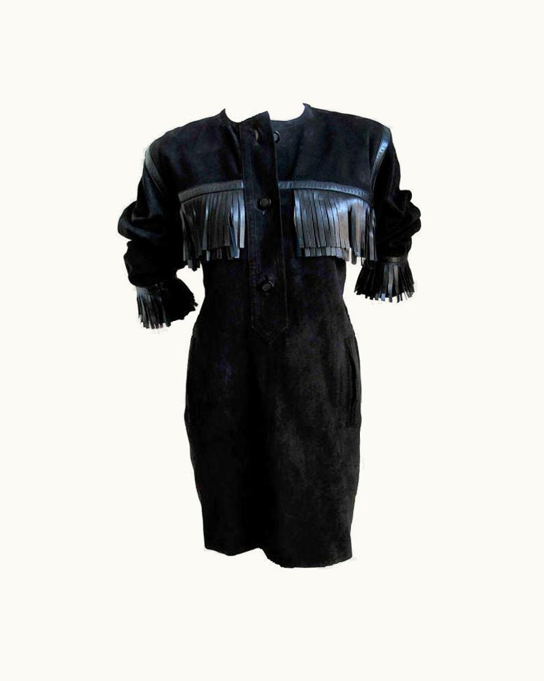 Saint Laurent Yves Saint Laurent Black Suede Fringed Minidress 1987