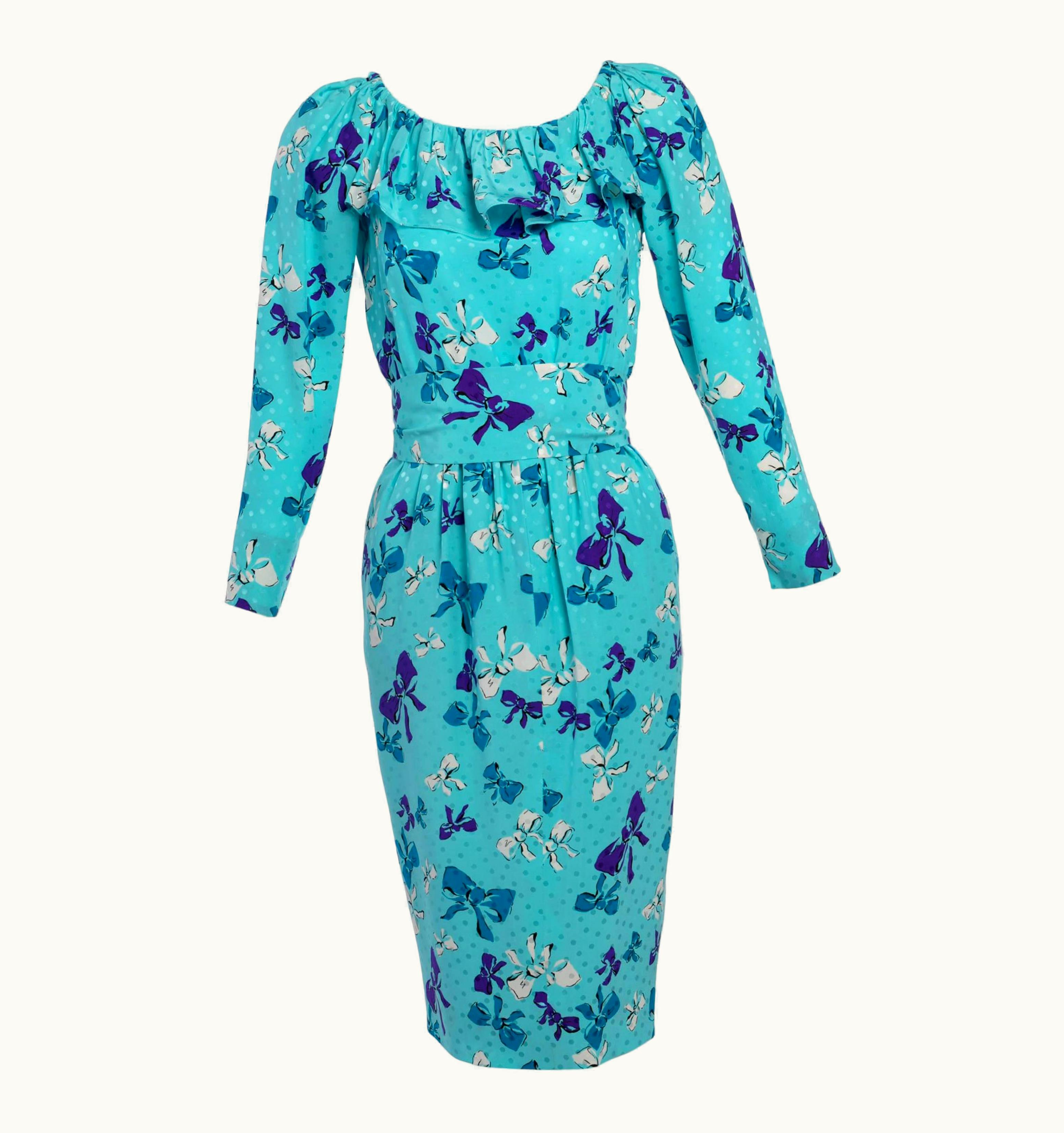 Saint Laurent Vintage Yves Saint Laurent Polka Dot And Bows Ruffle Collar Silk Dress YSL