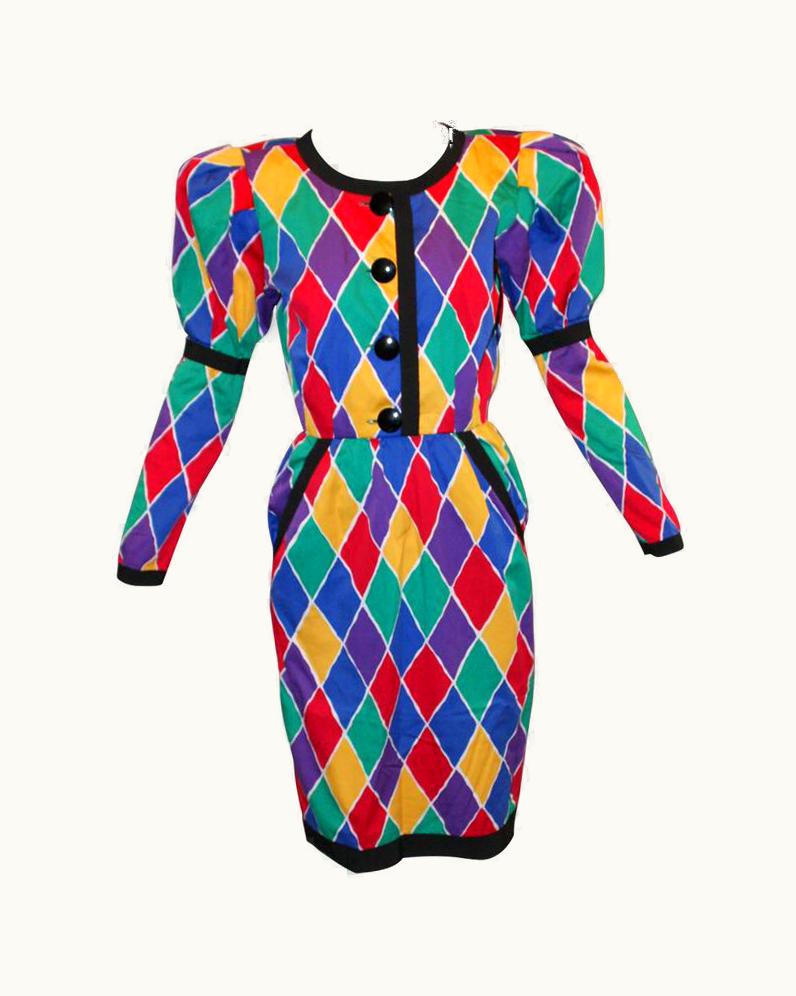 Saint Laurent S/S 1988 Yves Saint Laurent Harlequin Long Sleeve Pencil Dress