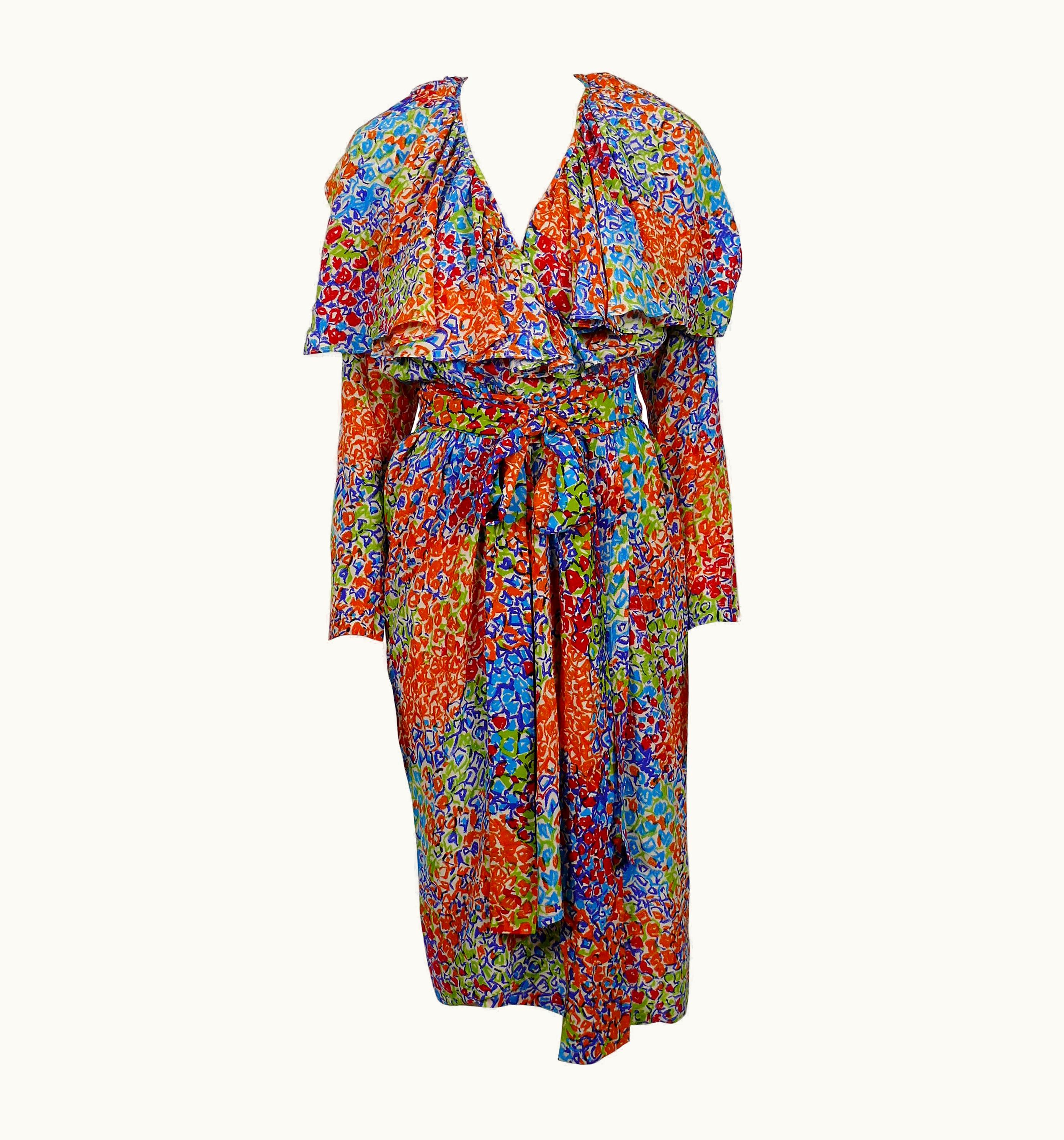 Saint Laurent Yves Saint Laurent YSL Vintage S/S 1989 Abstract Floral Print Wrap Dress