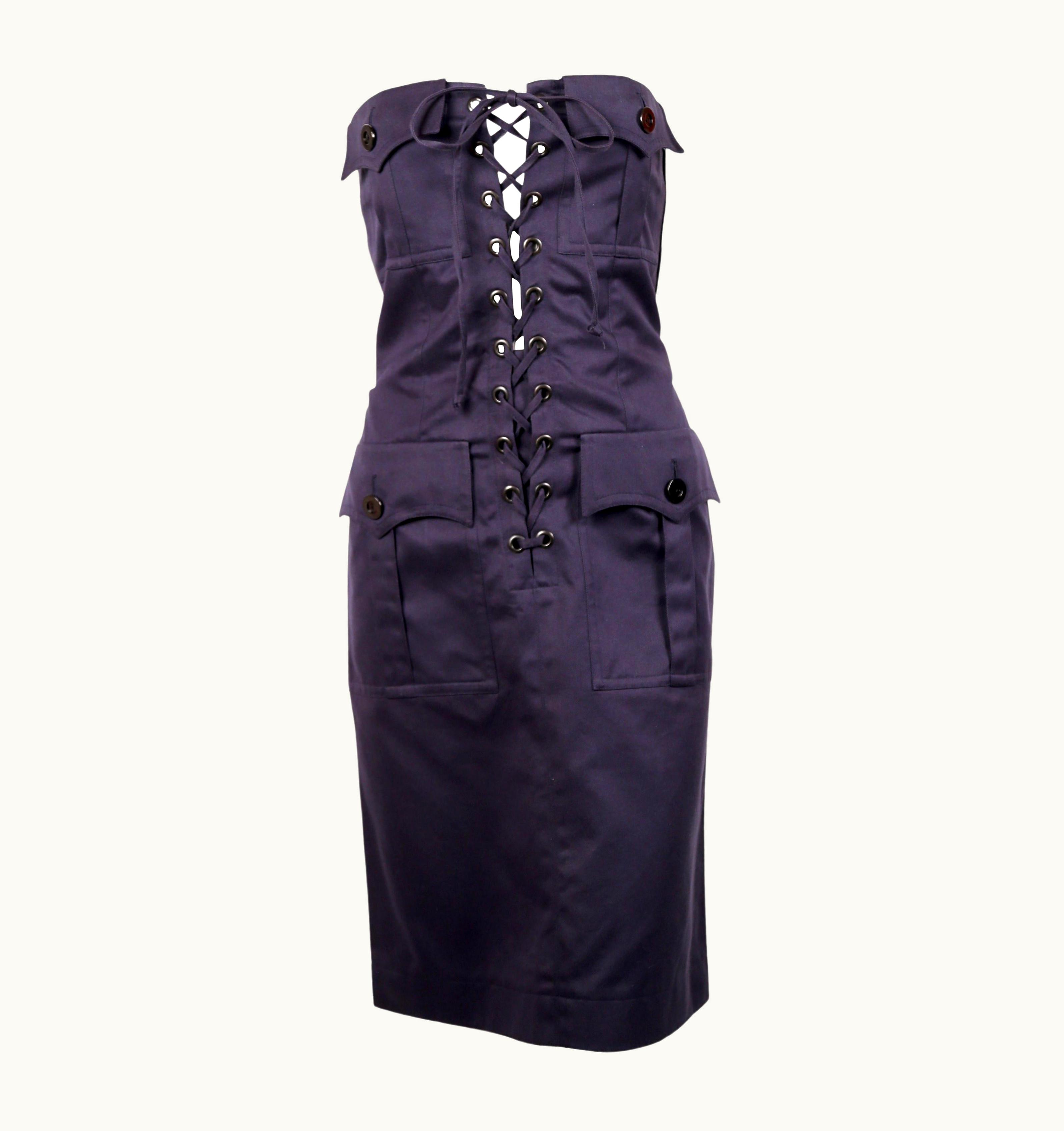 Saint Laurent 1990' Yves Saint Laurent Rive Gauche Navy Strapless Safari Dress