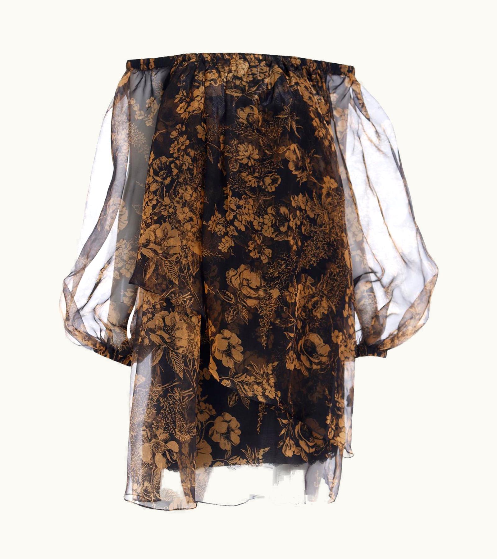 Saint Laurent 1990 Yves Saint Laurent Black And Gold Chiffon Dress With Sheer Balloon Sleeves
