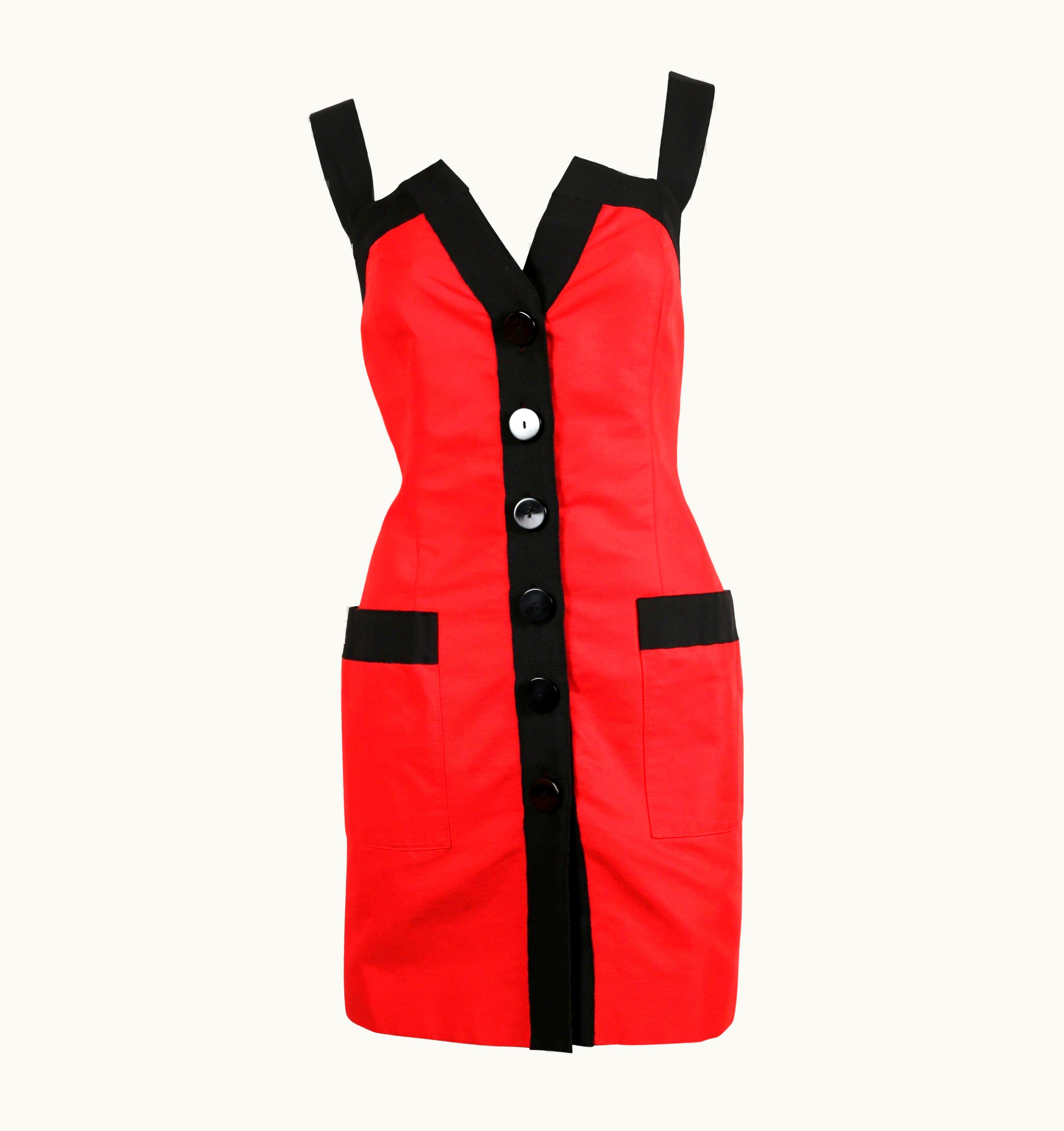 Saint Laurent 1990' Yves Saint Laurent Red Cotton Dress With Black Grosgrain Trim