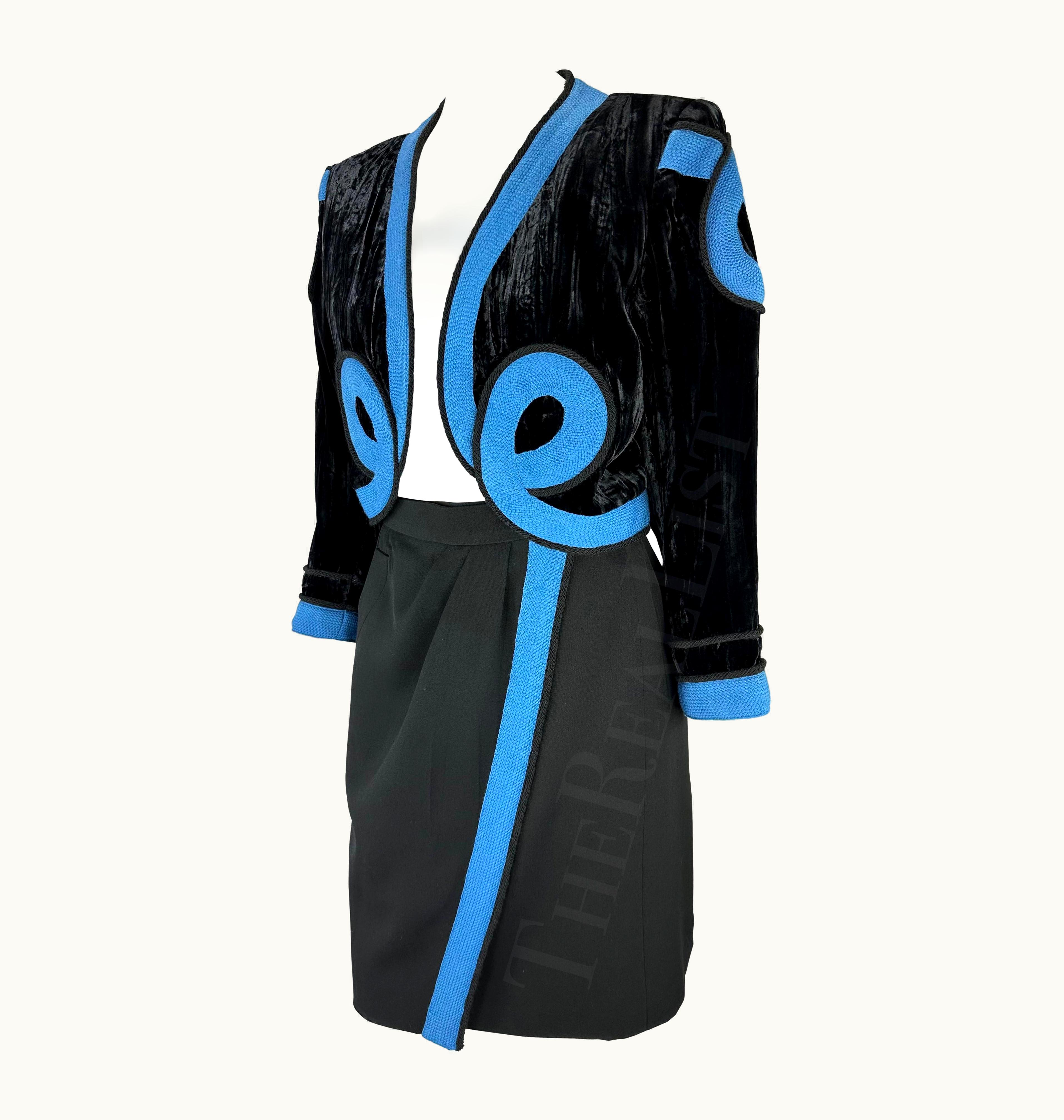 Saint Laurent S/S 1990 Yves Saint Laurent Blue Black Velvet Cropped Bolero Jacket Skirt Set