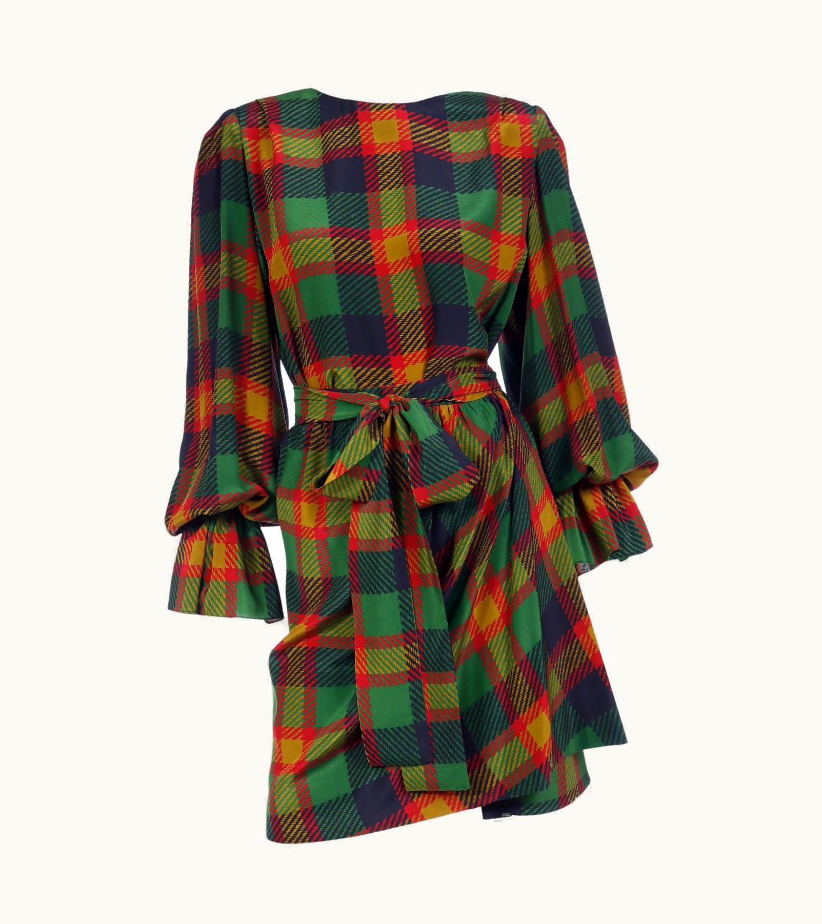 Saint Laurent 1990 Yves Saint Laurent Green & Orange Plaid Silk 2 Pc Dress W Poet Sleeves