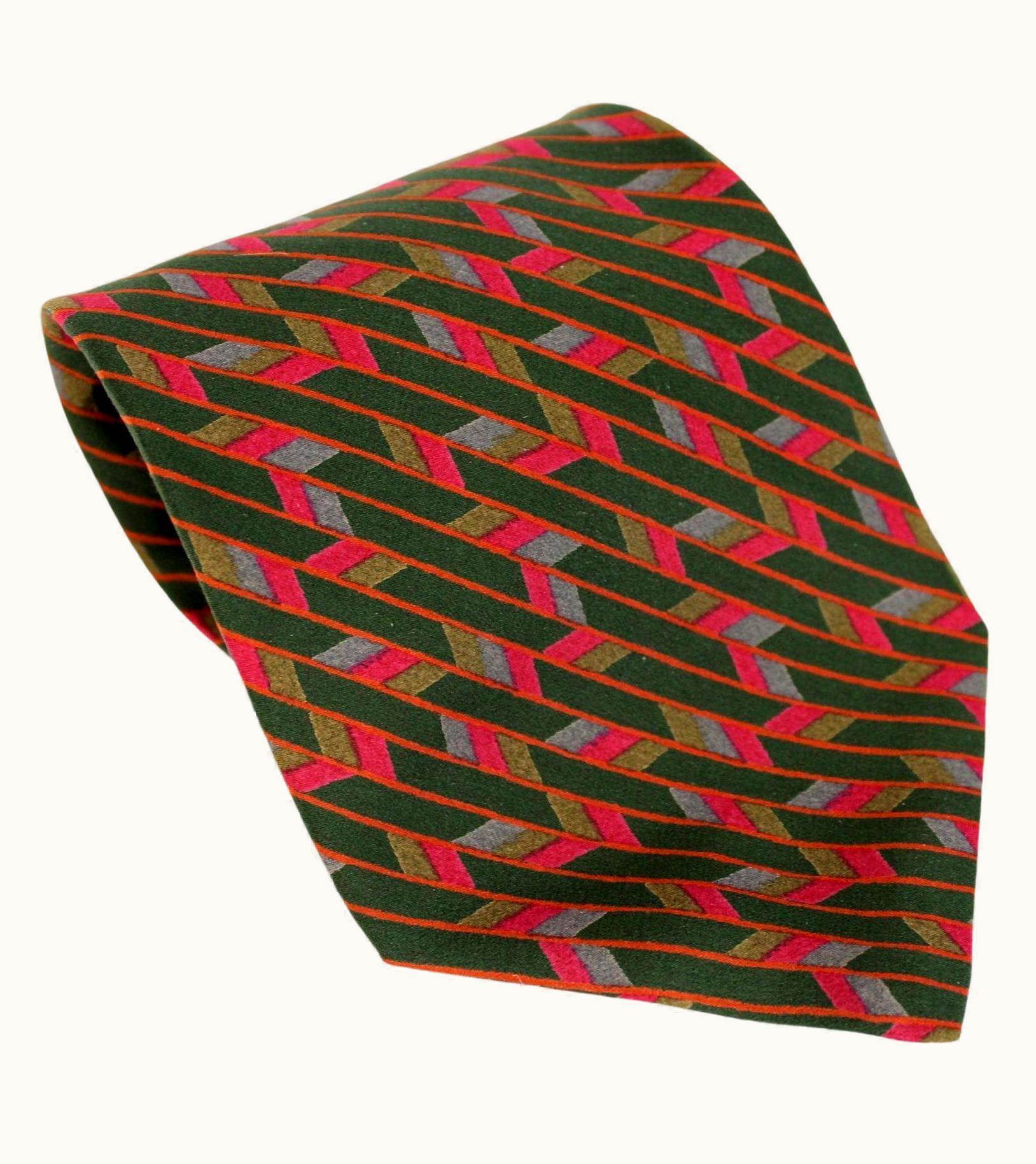 Saint Laurent Yves Saint Laurent Green Red Geometric Silk Tie