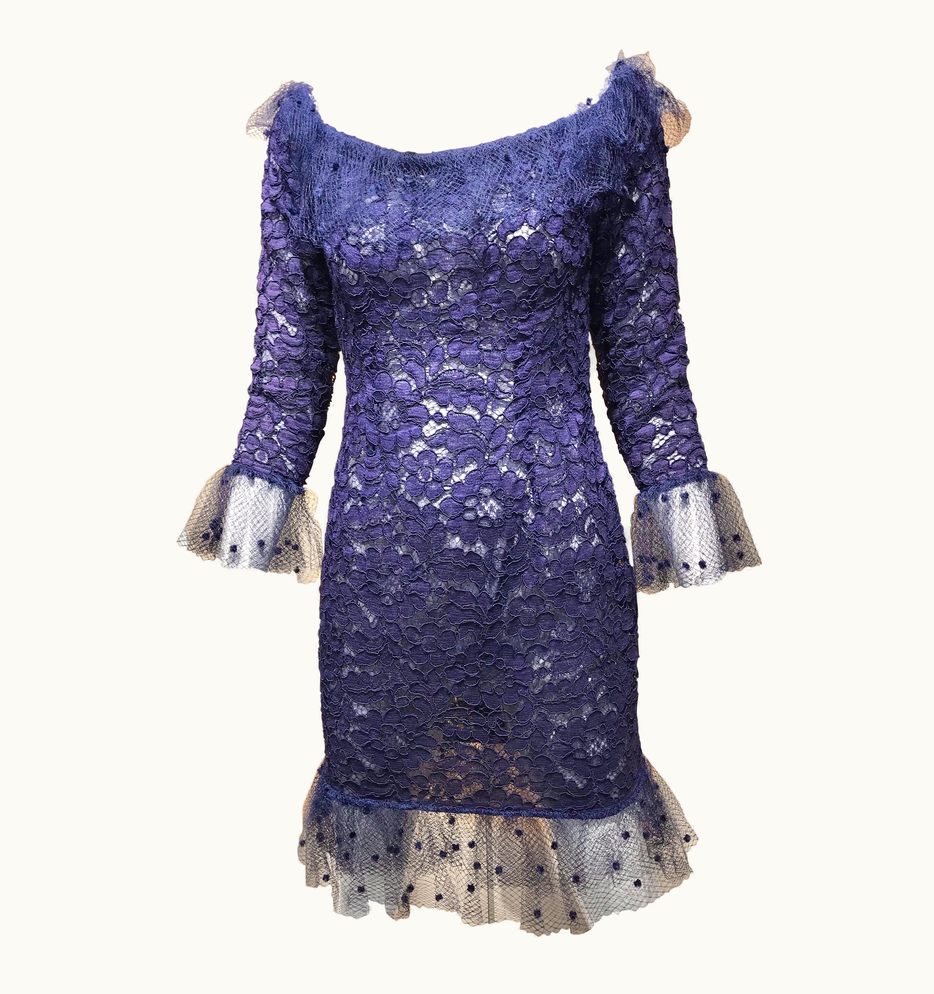 Saint Laurent Vintage Yves Saint Laurent Blue Lace Fitted Cocktail Dress