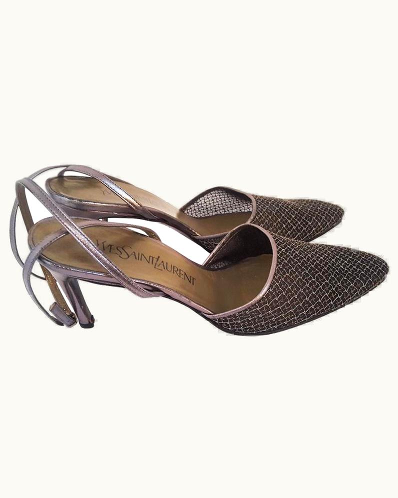 Saint Laurent 1990s Yves Saint Laurent Metallic Crossover Slingback Heels
