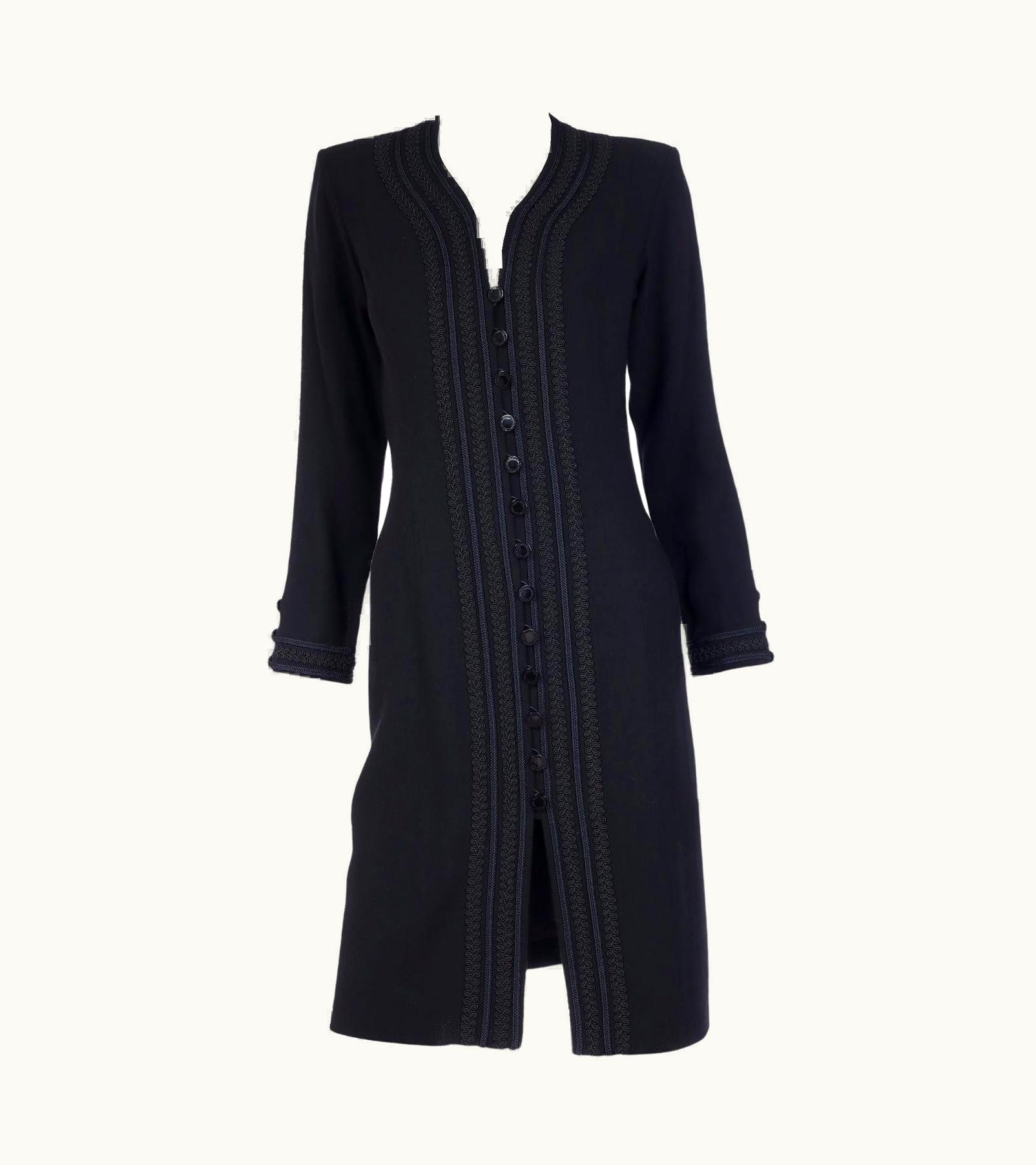 Saint Laurent 1990s Yves Saint Laurent Black Wool Crepe Dress W Braid Trim