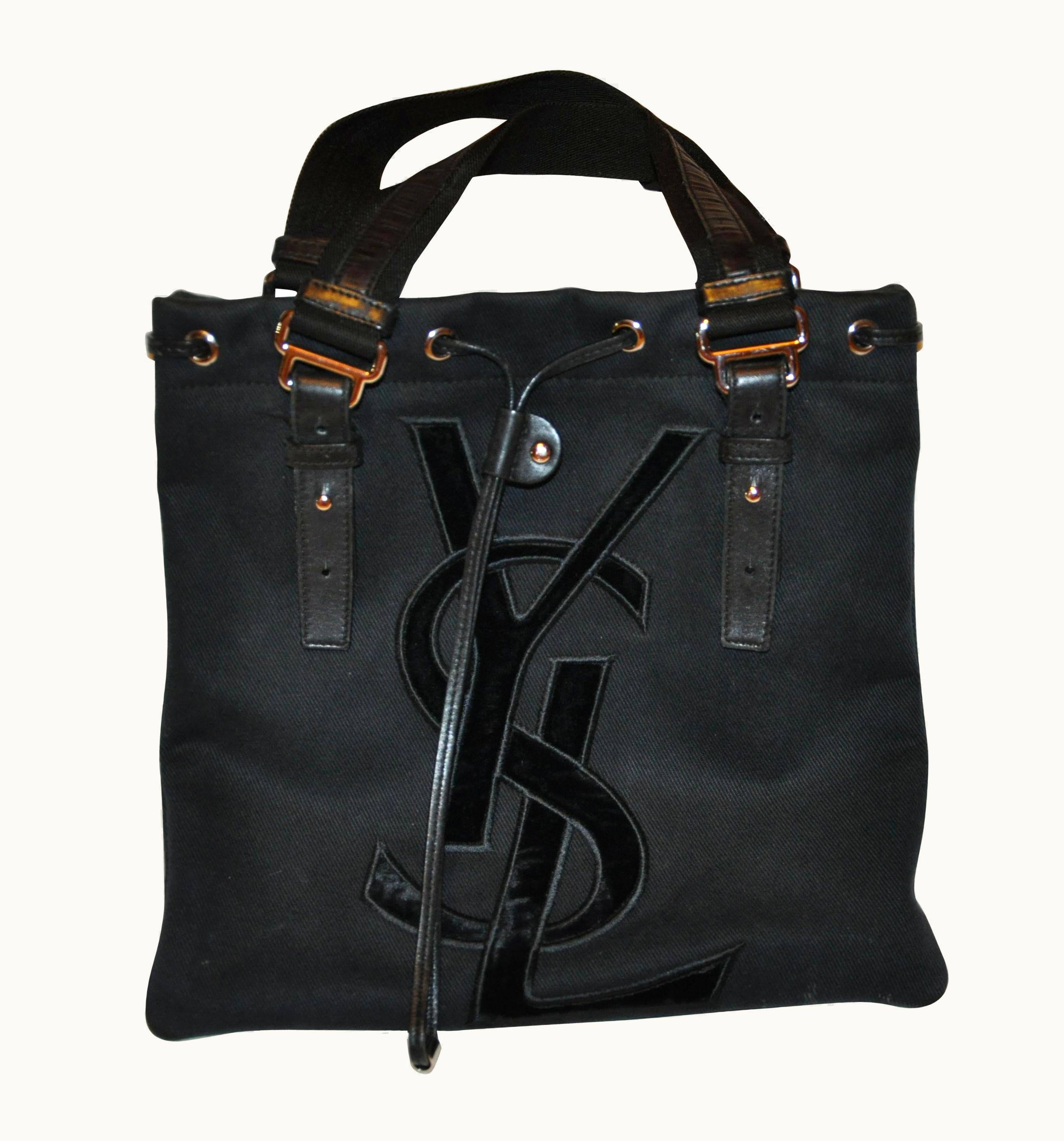 Saint Laurent Yves Saint Laurent Signature Black Velvet Monogram Adjustable Double Handle Tote