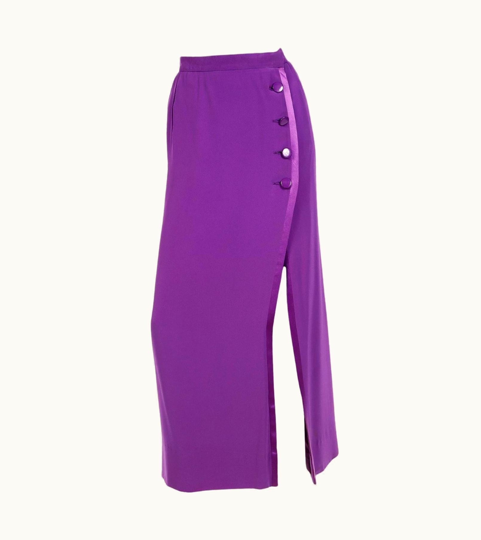 Saint Laurent 1990s Yves Saint Laurent Purple Wool Crepe Long Skirt With Long Slit