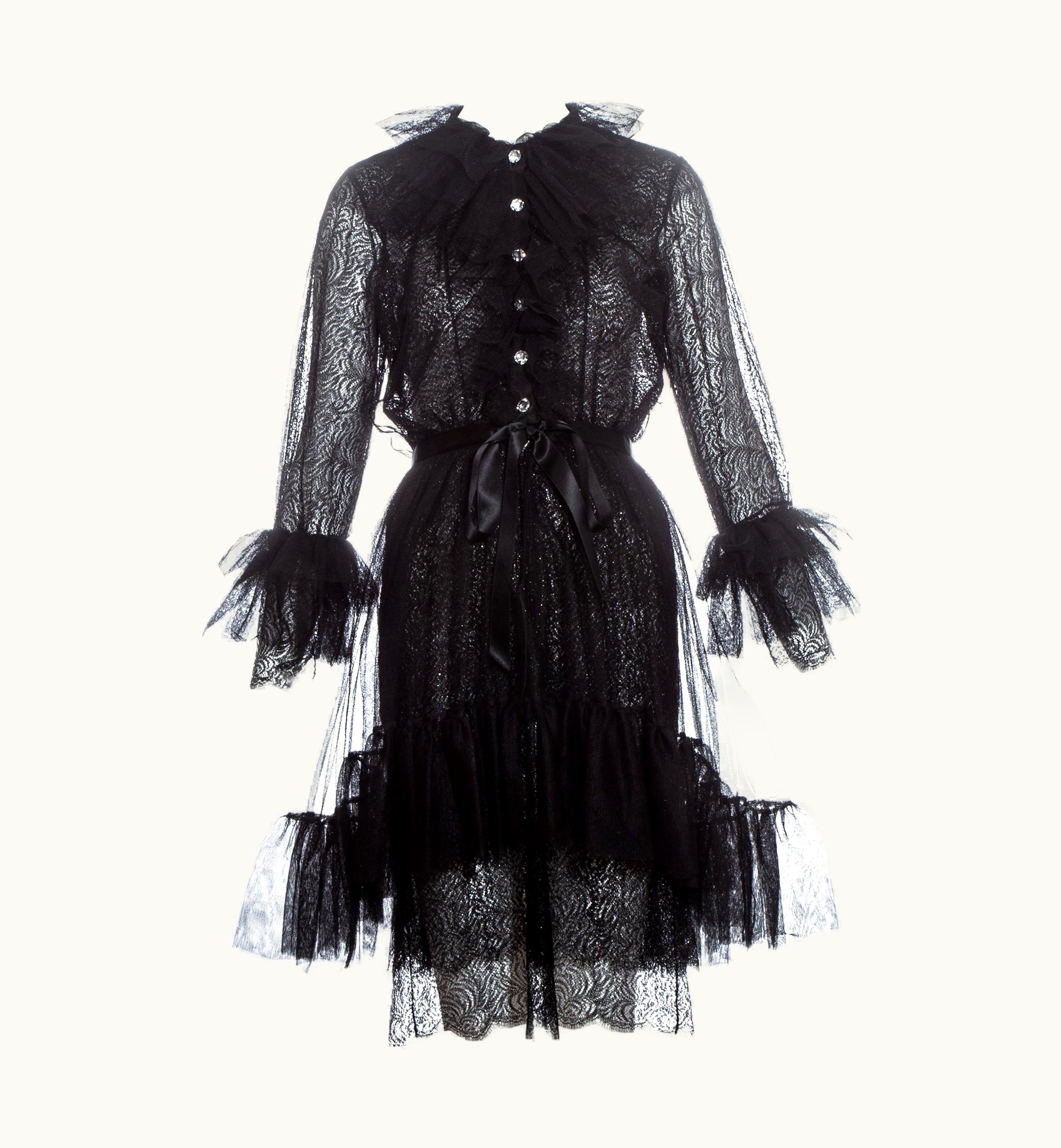 Saint Laurent Yves Saint Laurent Black Lace And Tulle Crystal Cocktail Dress, AW 1993
