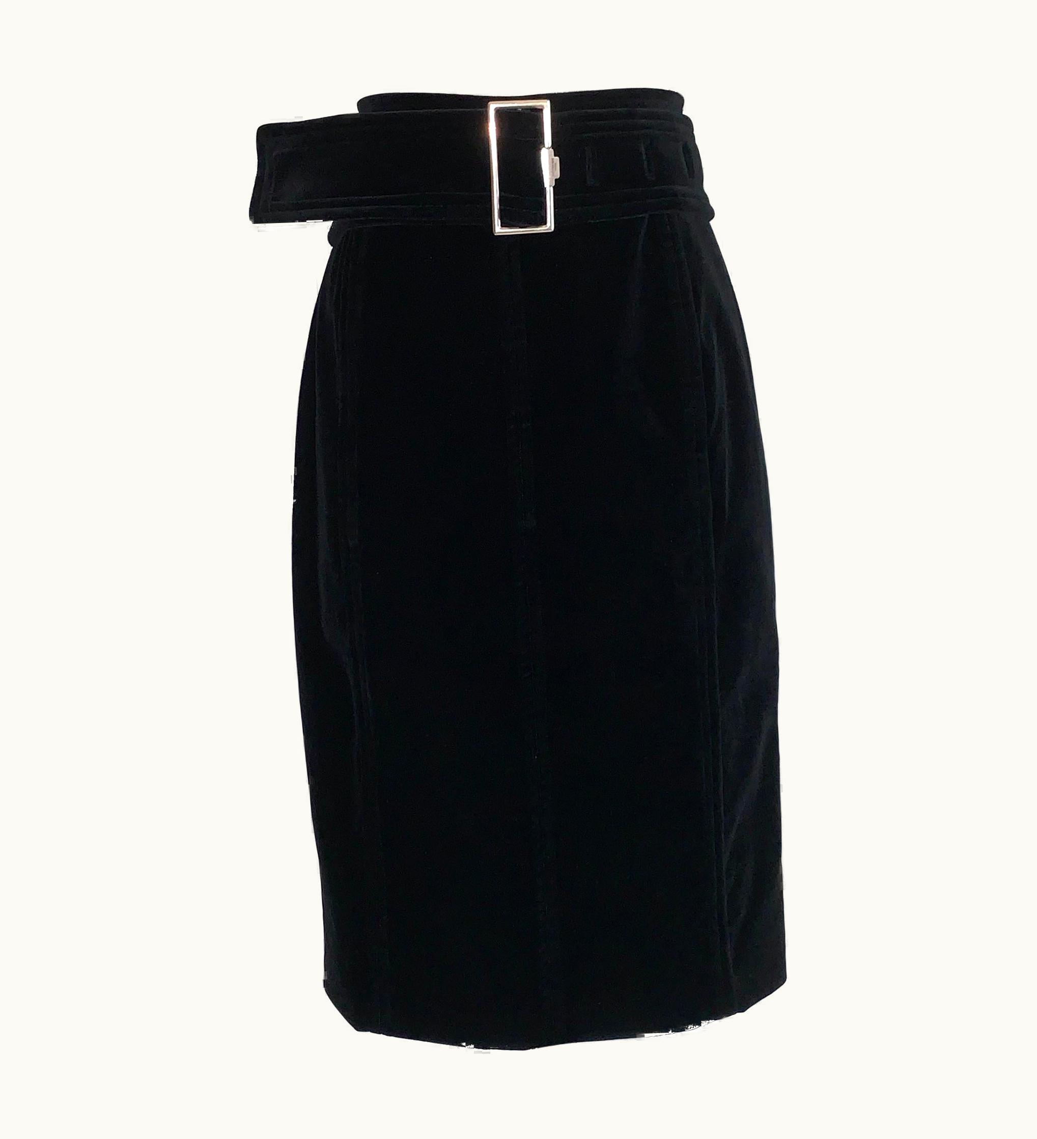 Saint Laurent 2000s Yves Saint Laurent Rive Gauche Black Velvet Pencil Skirt With Belt