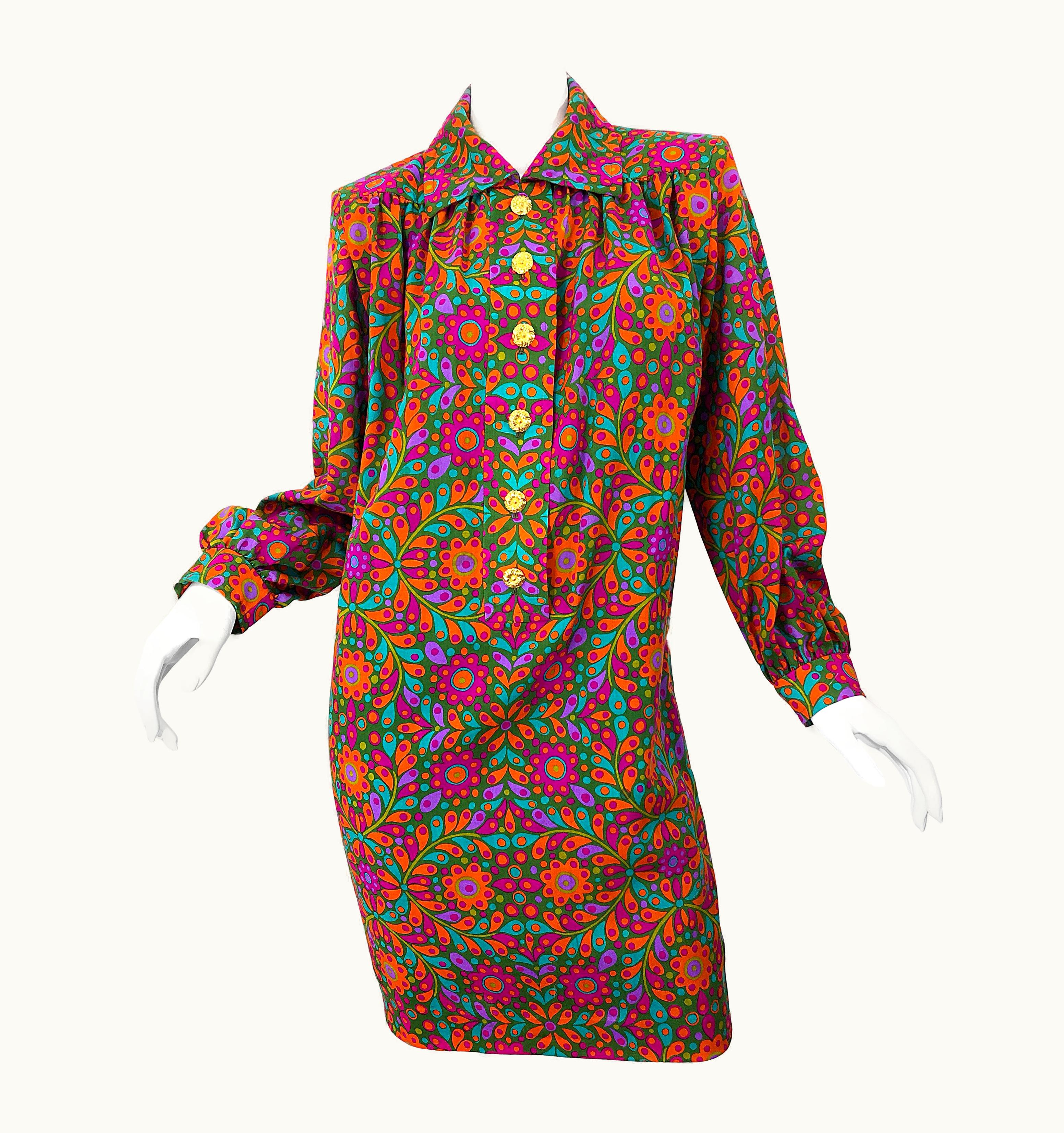 Saint Laurent Yves Saint Laurent 1990s Wool Challis Flower Print Vintage 90s Smock Dress