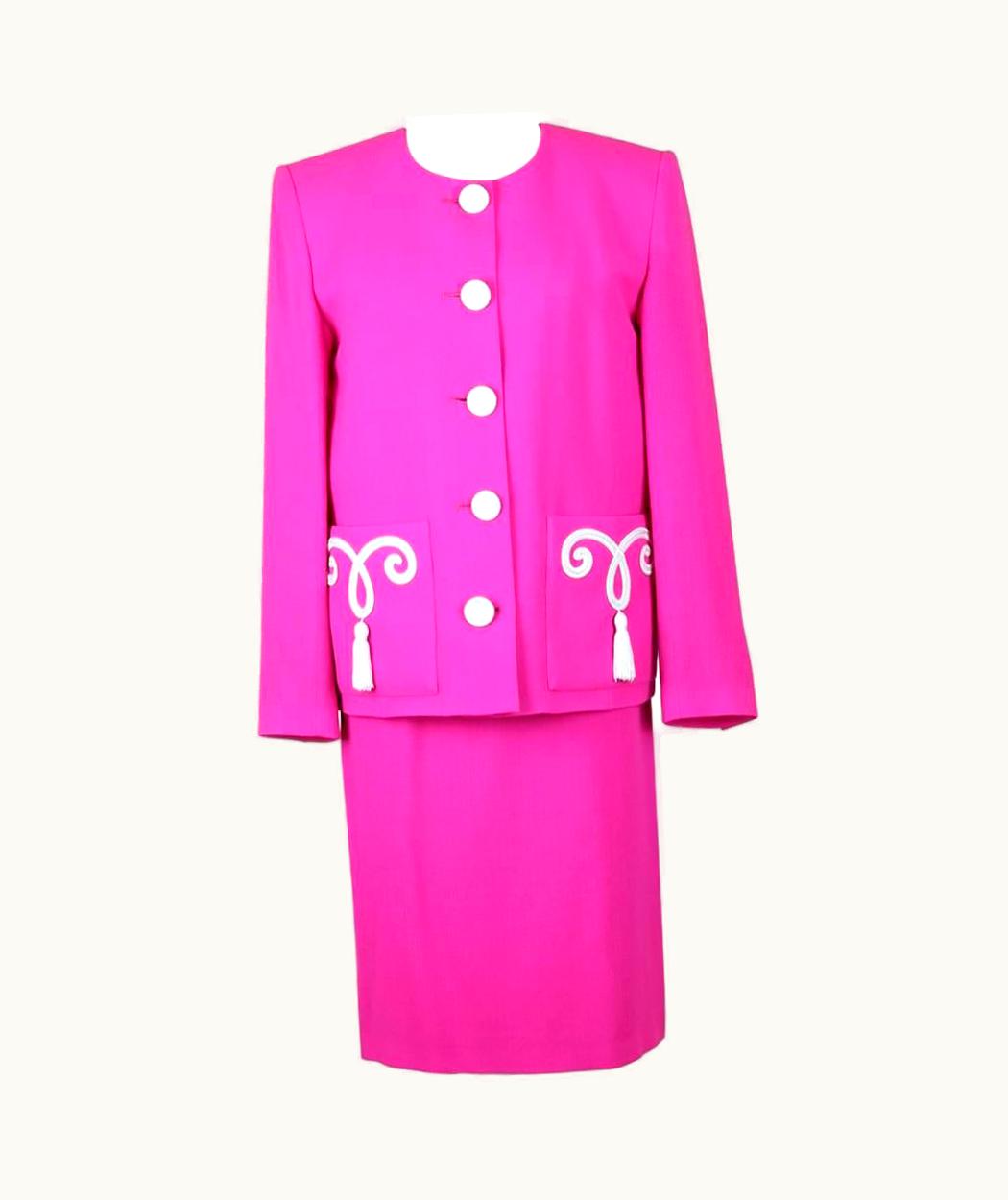 Saint Laurent Yves Saint Laurent YSL Pink Passementerie Tassel Jacket And Skirt Suit, 1990s