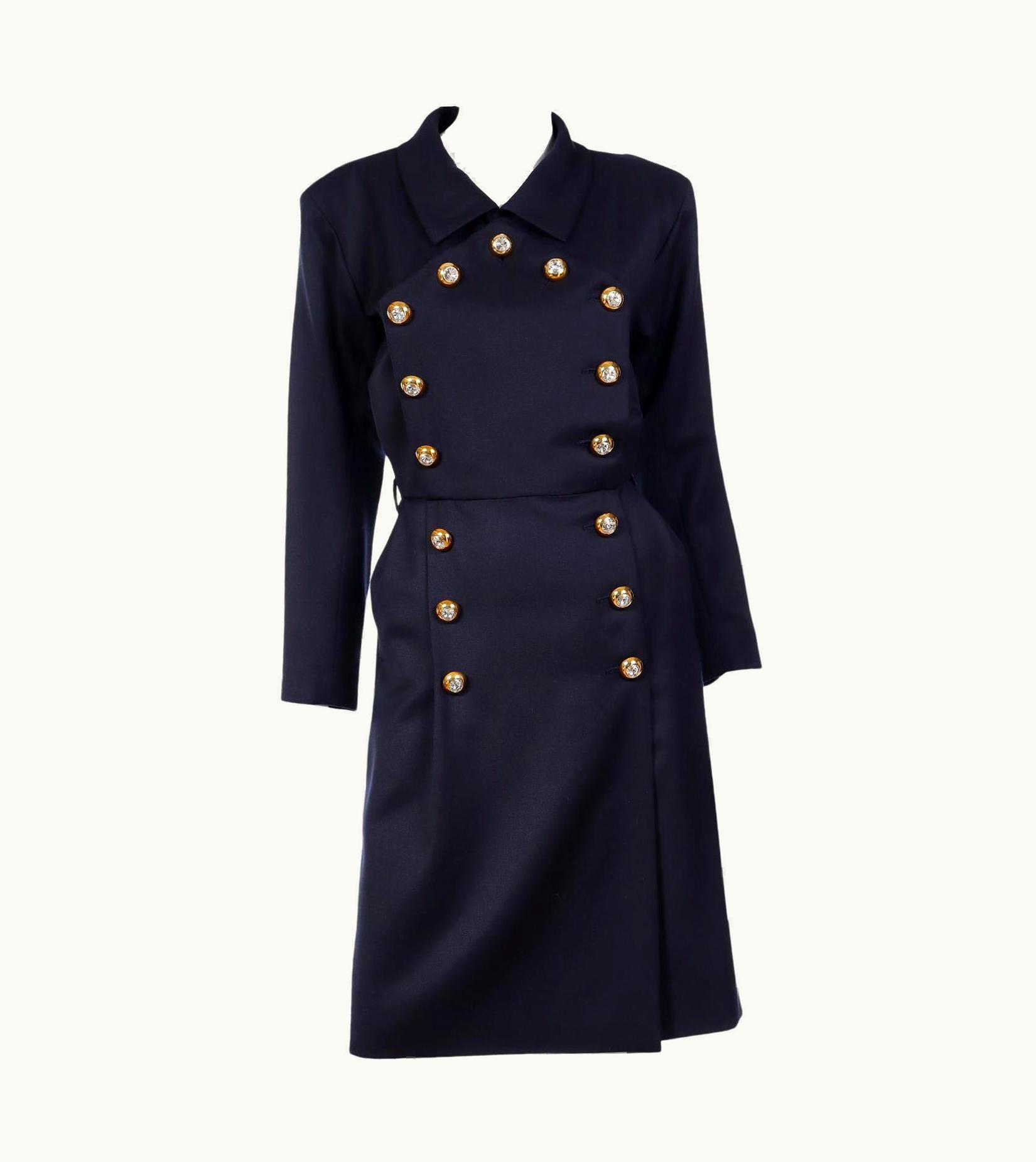 Saint Laurent 1992 Yves Saint Laurent Vintage Navy Blue Runway Dress W Gold & Crystal Buttons