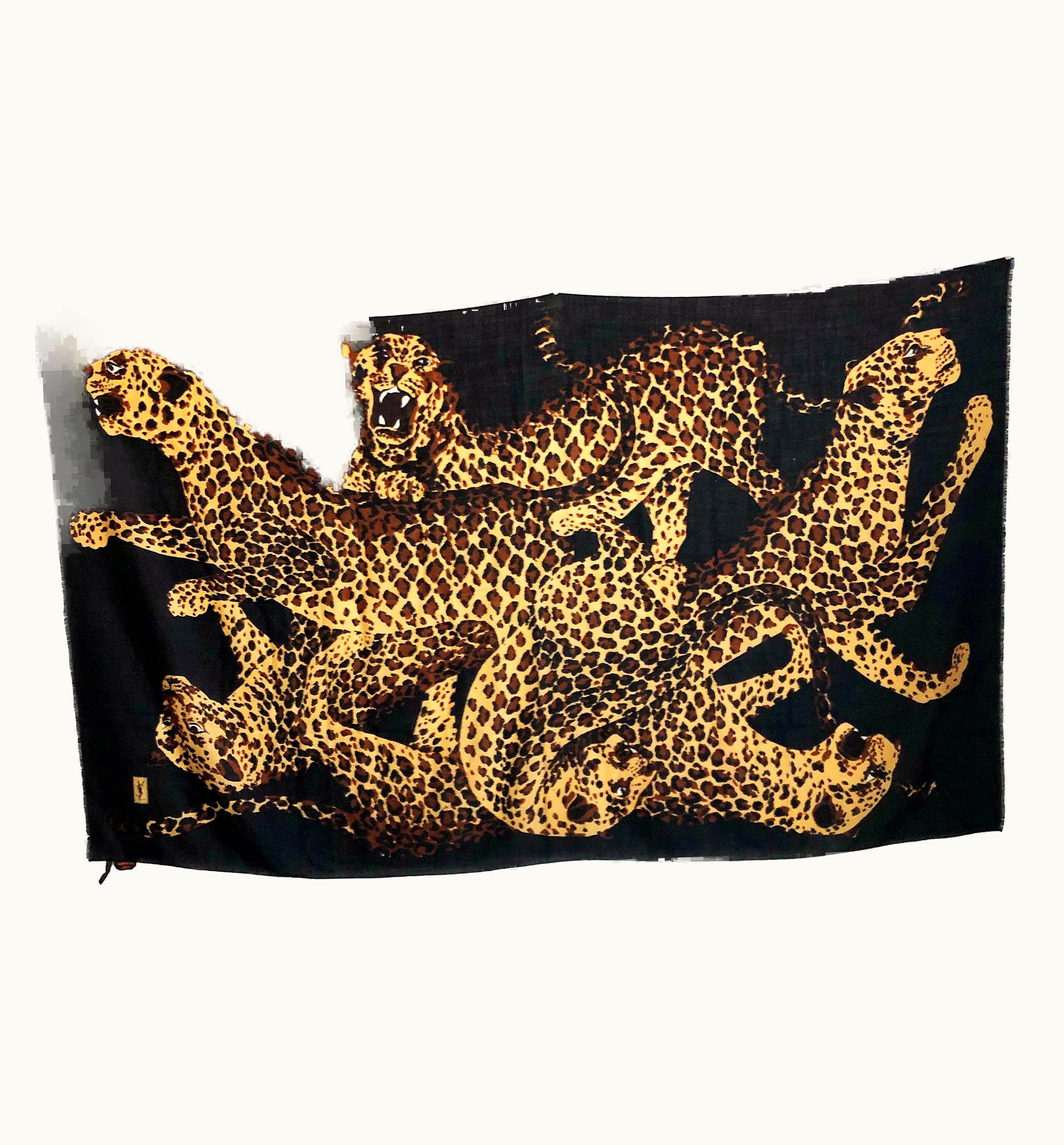 Saint Laurent Yves Saint Laurent Leopard Motif Scarf Oversized Shawl Silk Wool Blend YSL 84in