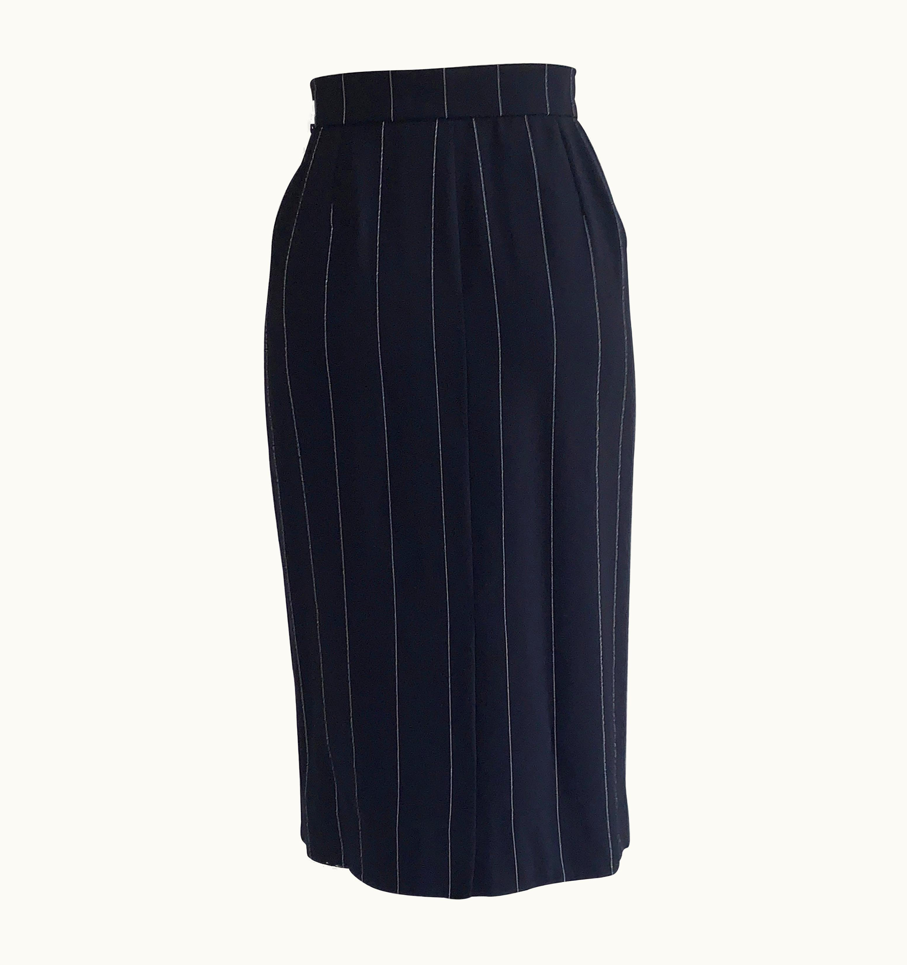 Saint Laurent Yves Saint Laurent Encore Navy Blue Pinstripe Pencil Skirt 1990s