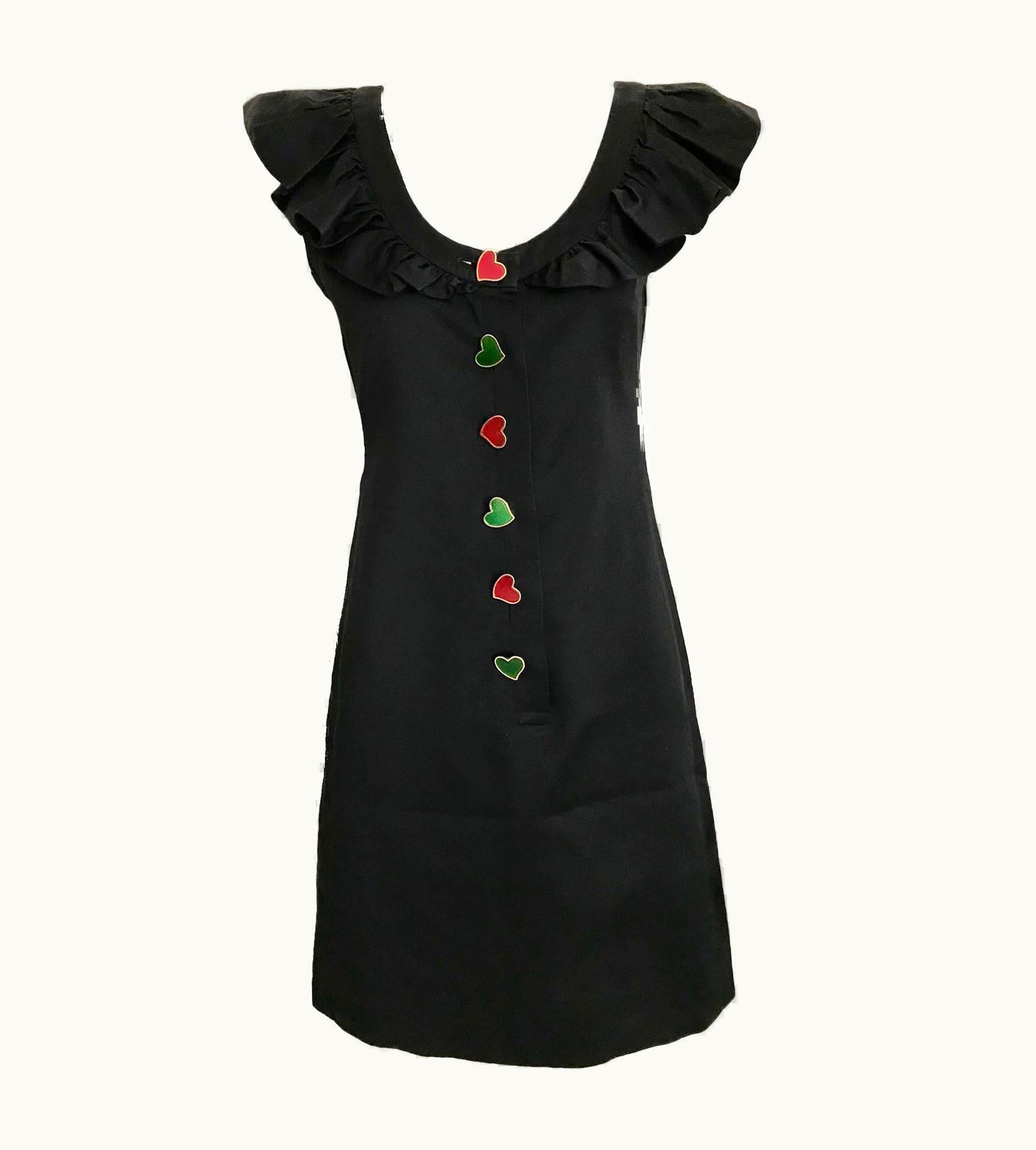 Saint Laurent Yves Saint Laurent Black Cotton Dress With Colorful Heart Buttons, 1980s