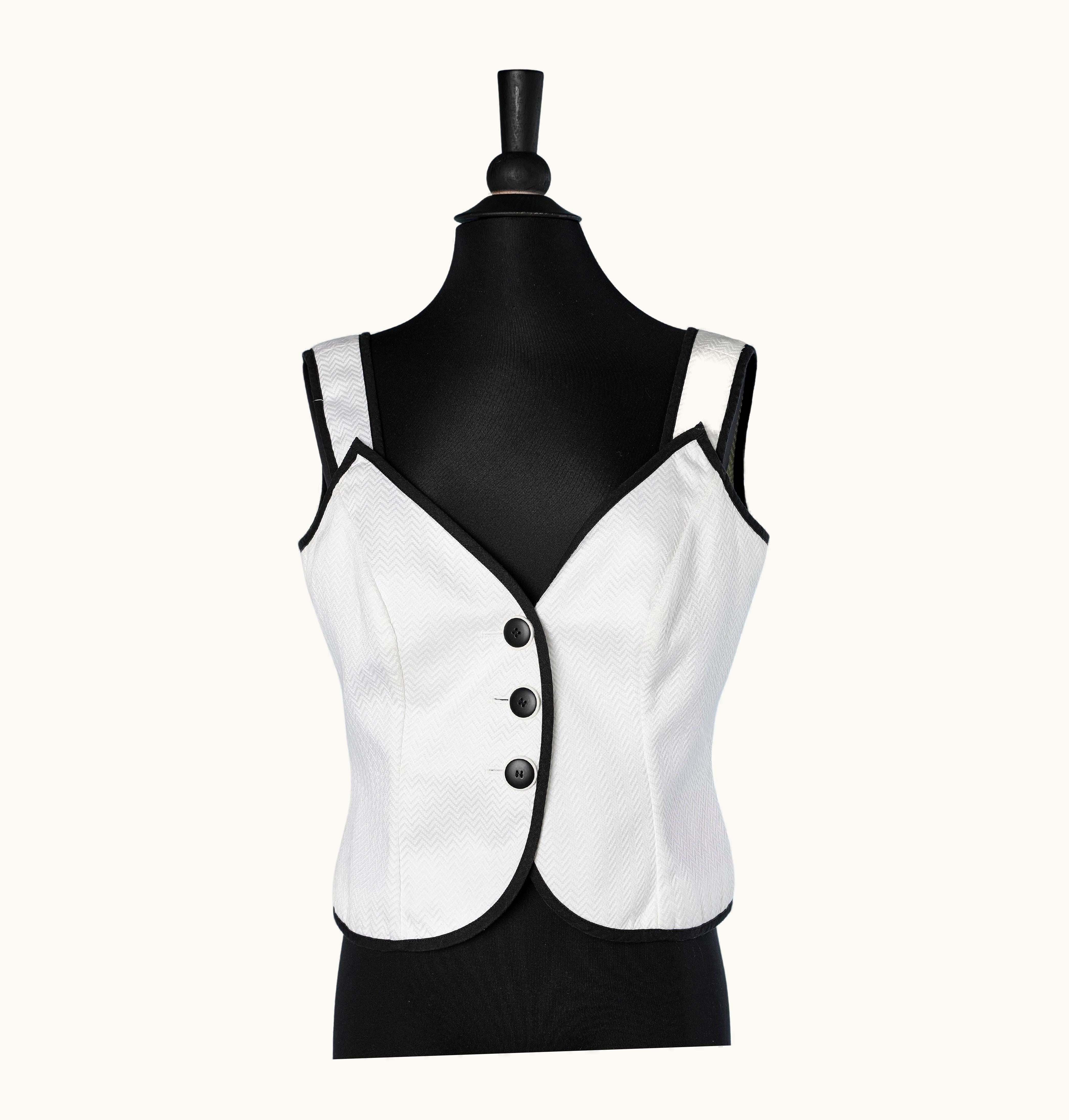 Saint Laurent White Cotton With Chevron Pattern And Black Piping Yves Saint Laurent Variation