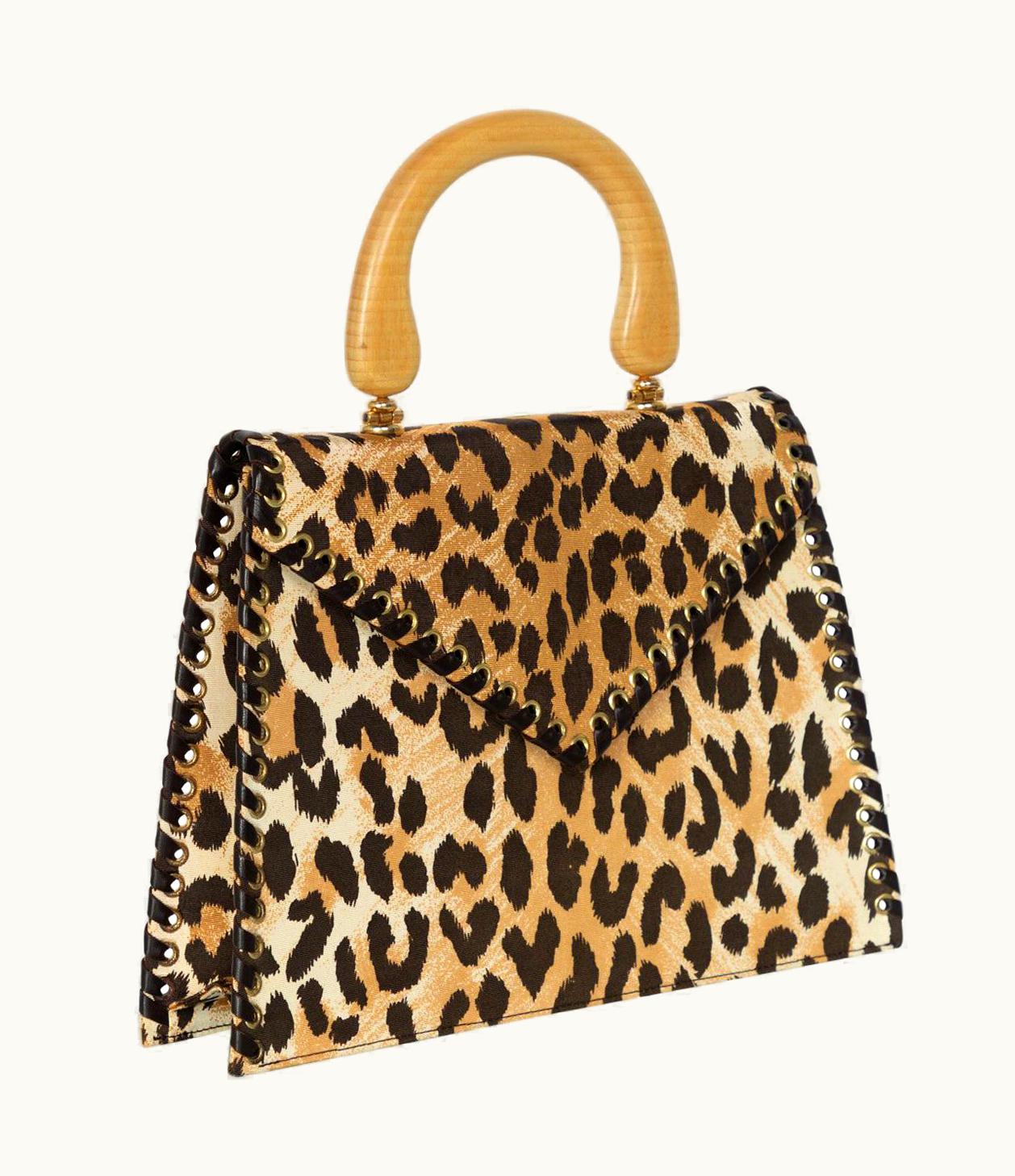 Saint Laurent Yves Saint Laurent Leopard Animal Print Canvas Wooden Top Handle Bag, 1990s