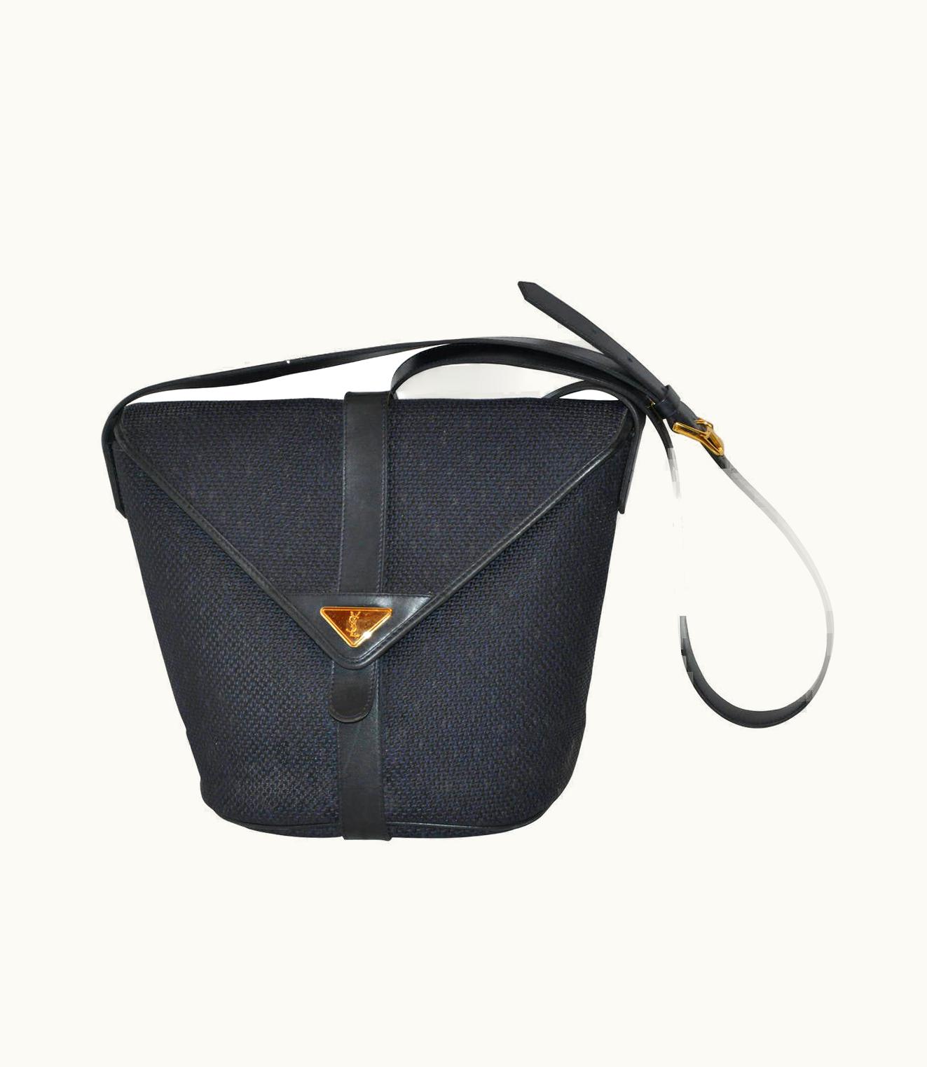 Saint Laurent Yves Saint Laurent Woven Weave Navy Flap-Over Shoulder Bag