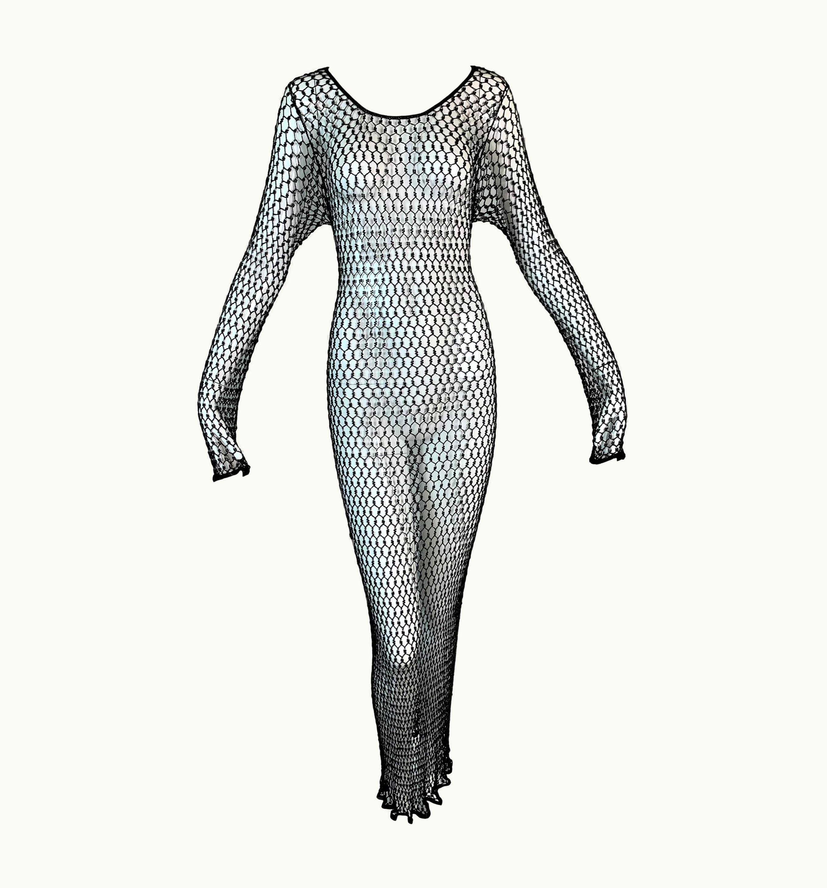 Saint Laurent Nwt S/S 1999 Yves Saint Laurent Sheer Beaded Fishnet Knit Long Dress Gown