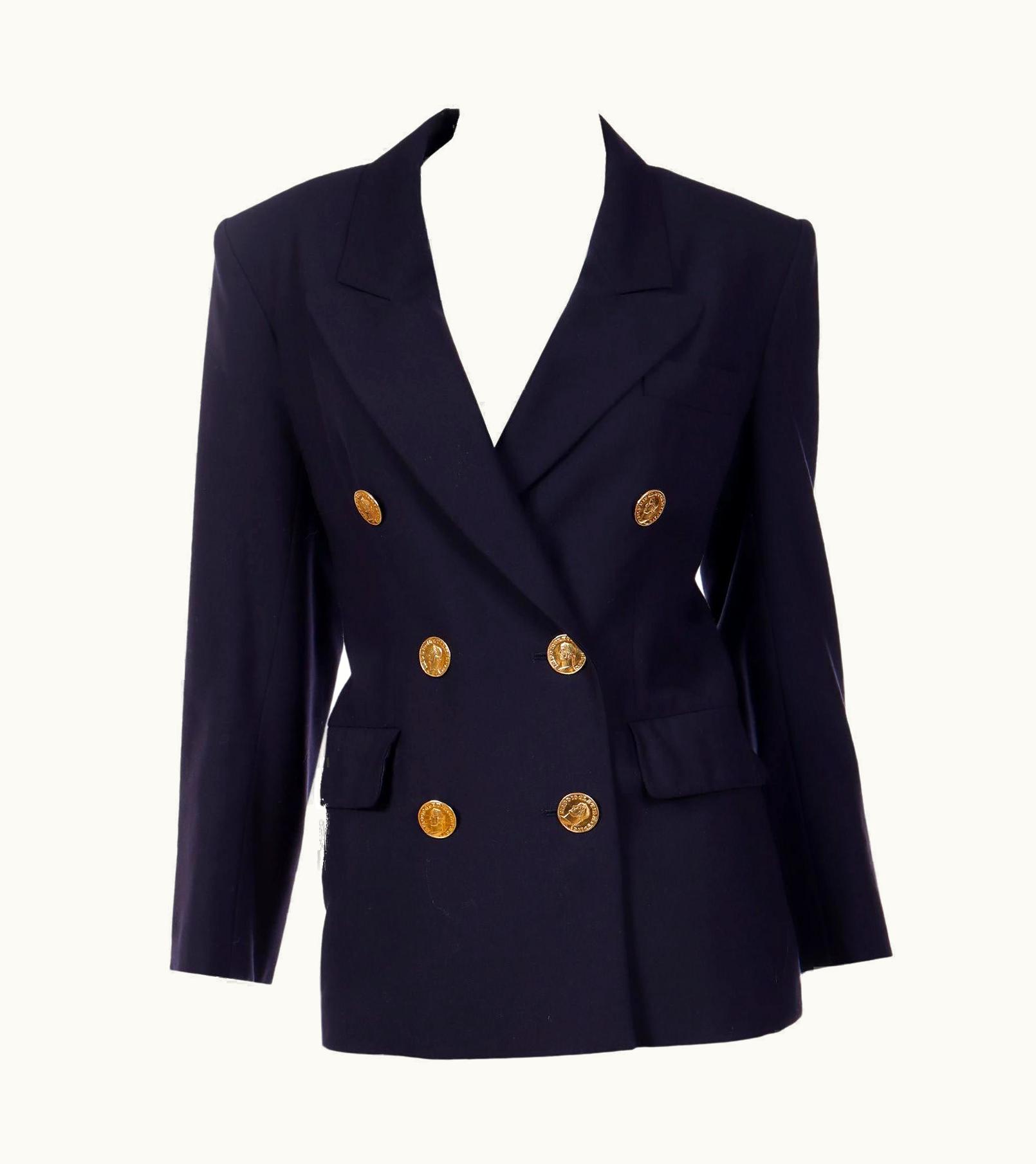 Saint Laurent Yves Saint Laurent 1991 Navy Blue Wool Blazer Jacket W Faux Gold Coin Buttons