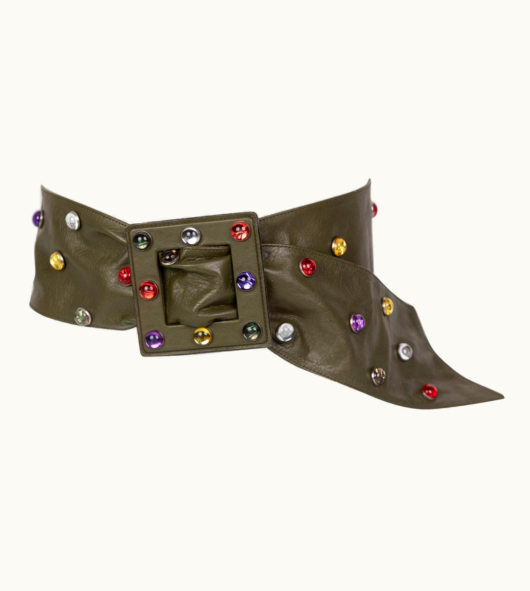 Saint Laurent Saint Laurent Olive Green Wide Leather Jewel Belt YSL, 1980s