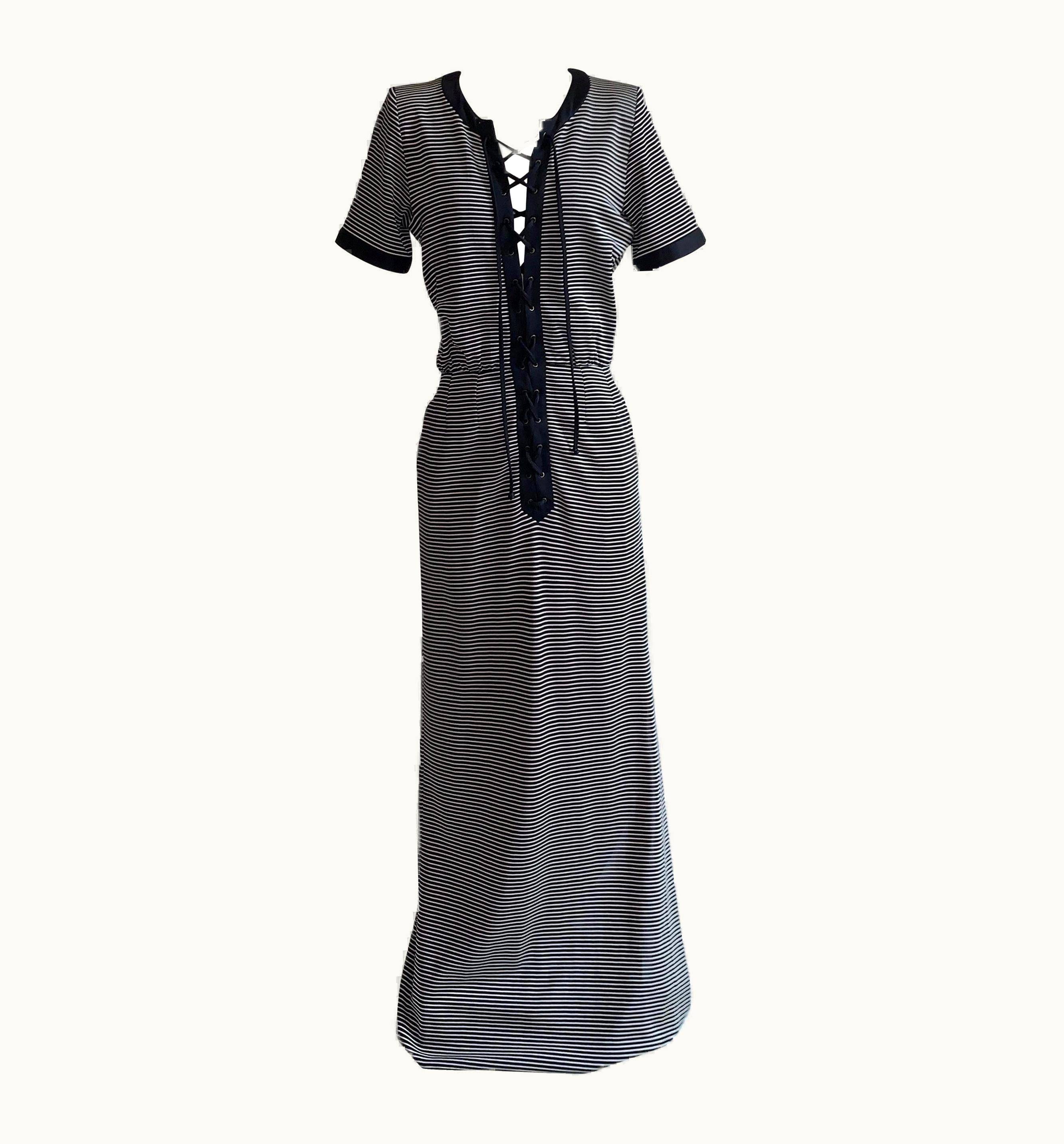 Saint Laurent Yves Saint Laurent 1990s Navy Blue And White Stripe Lace Up Front Maxi Dress
