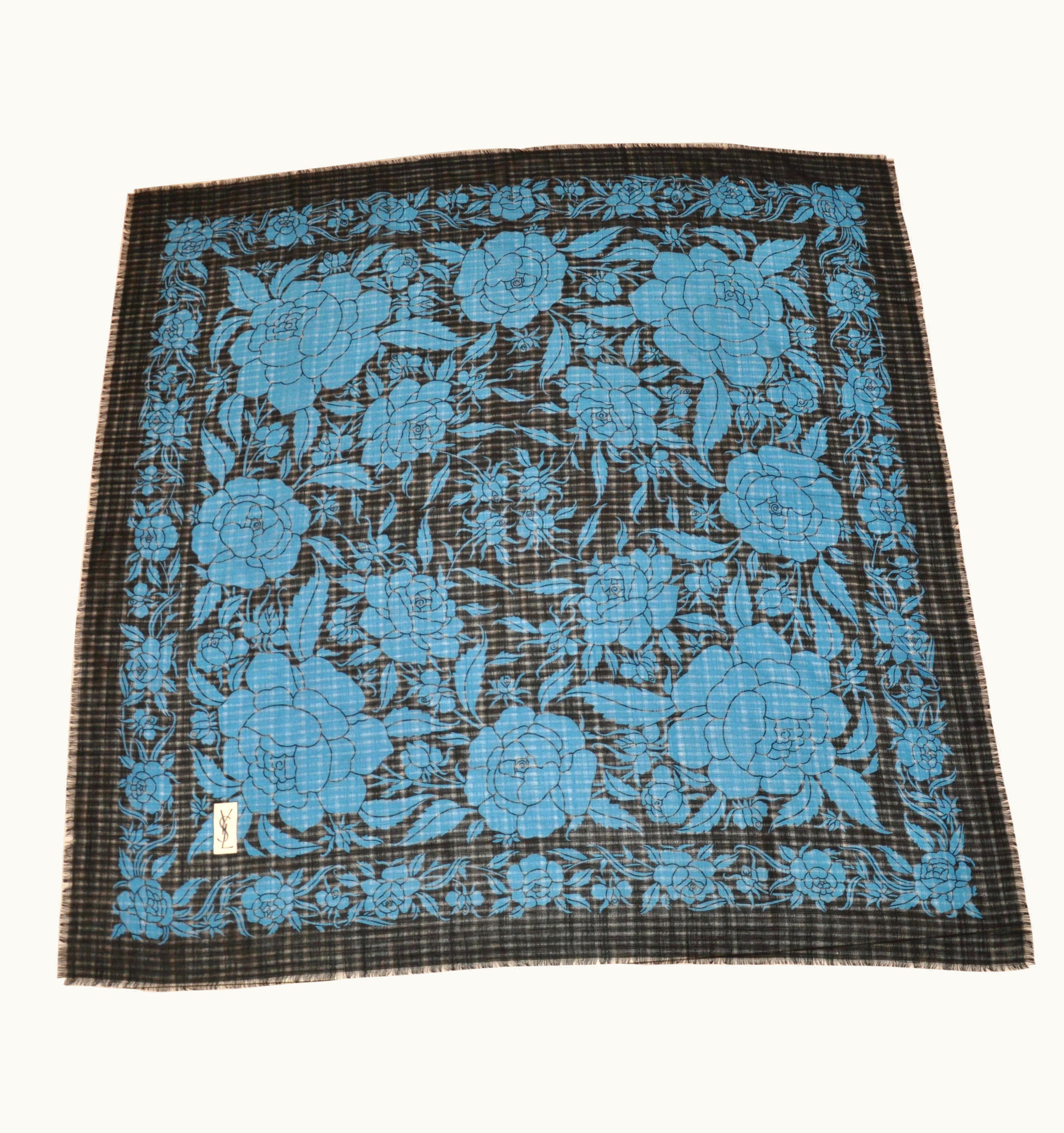Saint Laurent Yves Saint Laurent Royal Blue & Black Floral Wool Challis Fringe Scarf