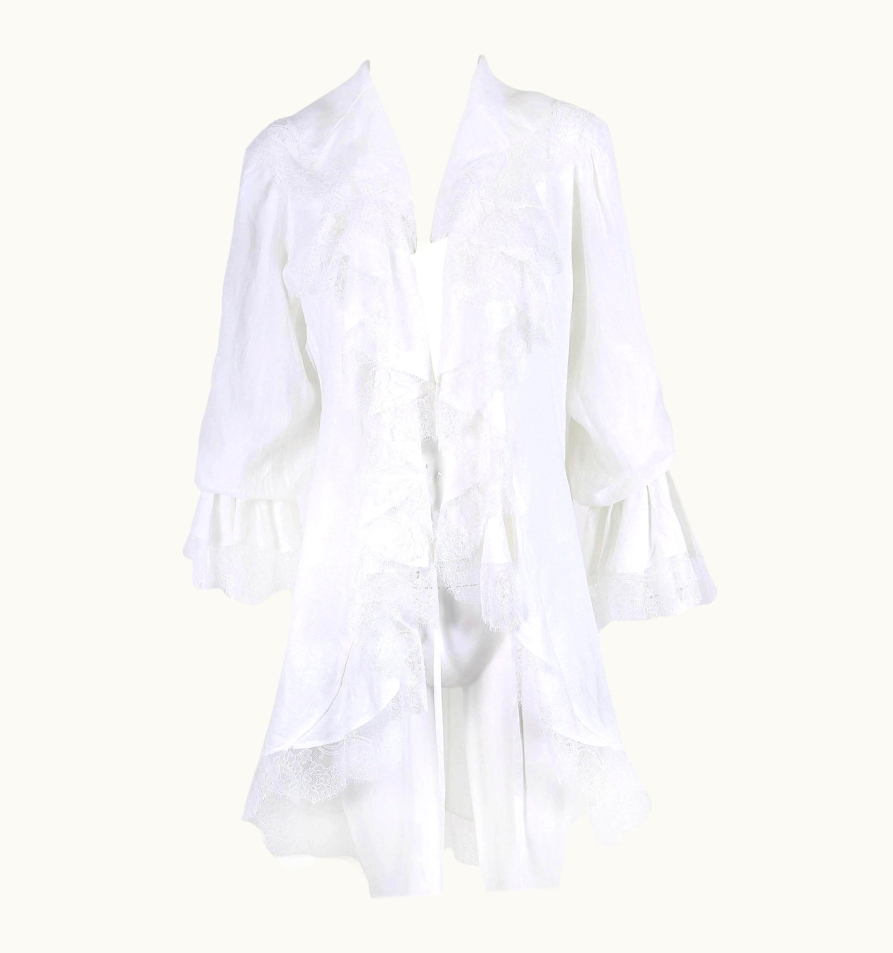 Saint Laurent Yves Saint Laurent YSL White Linen Poet Blouse With Open Front And Lace Trim