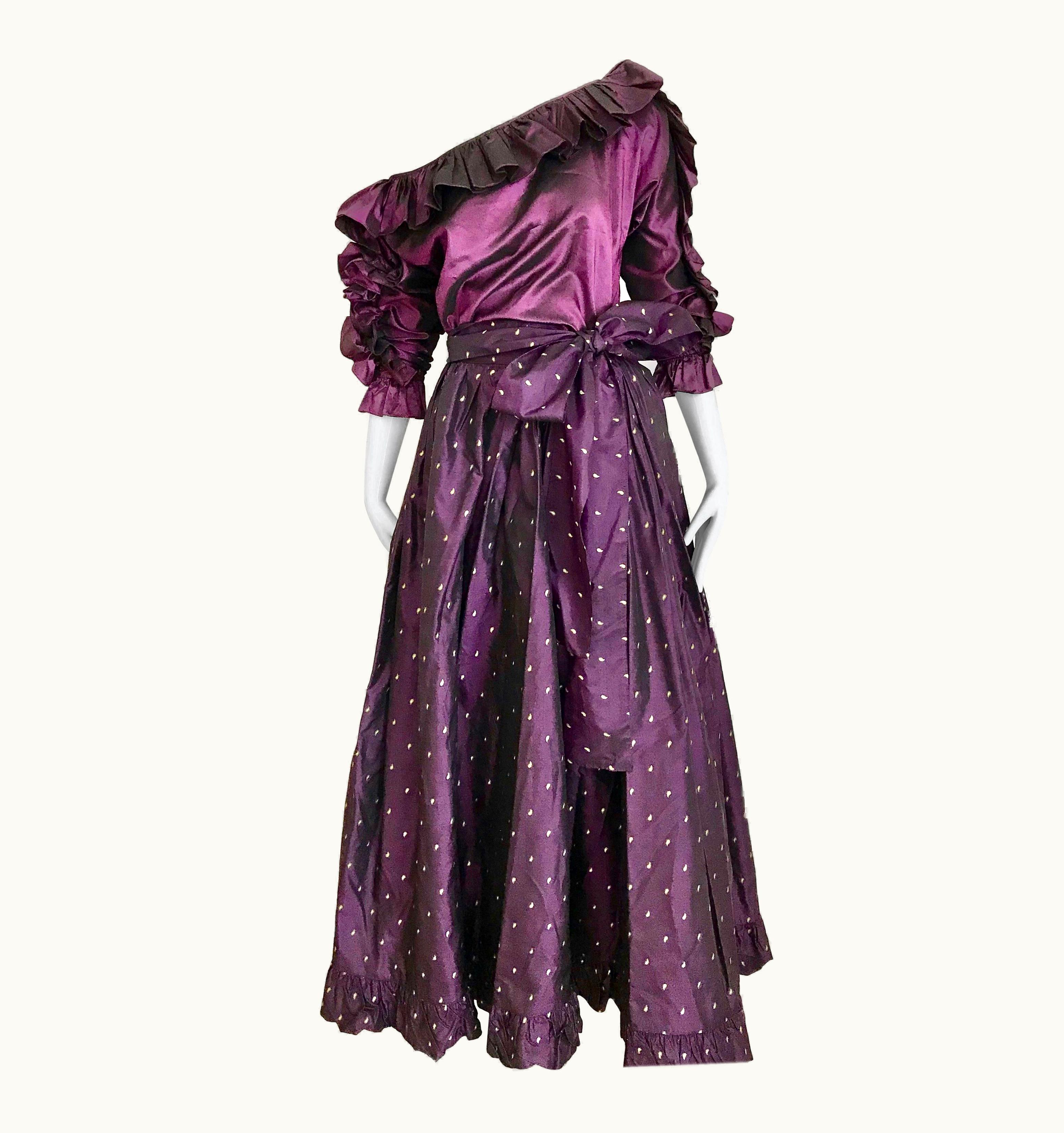 Saint Laurent Saint Laurent Rive Gauche Purple Silk Blouse And Maxi Skirt Ensemble, 1990s