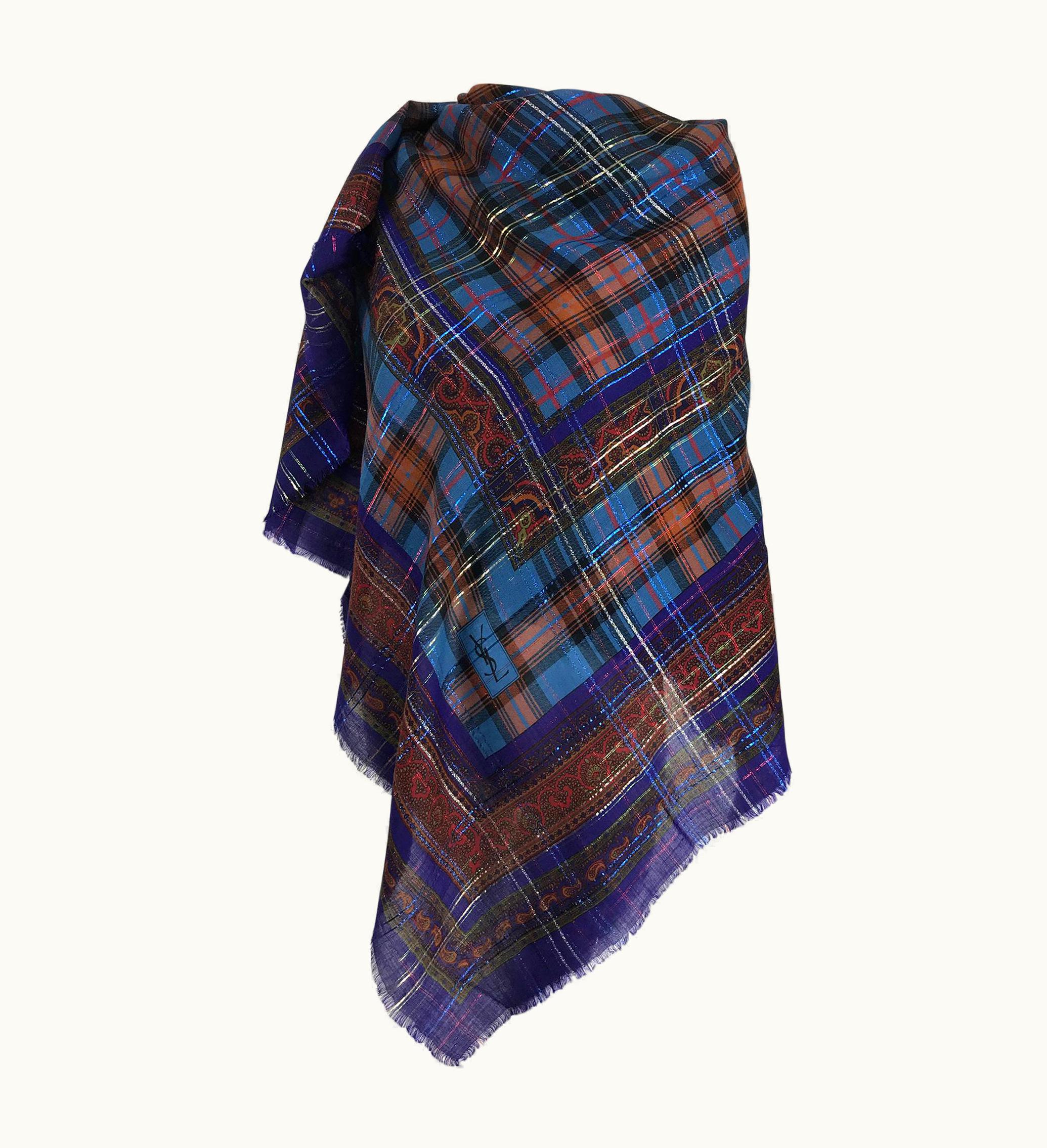 Saint Laurent Yves Saint Laurent Metallic Plaid Wool Challis Shawl