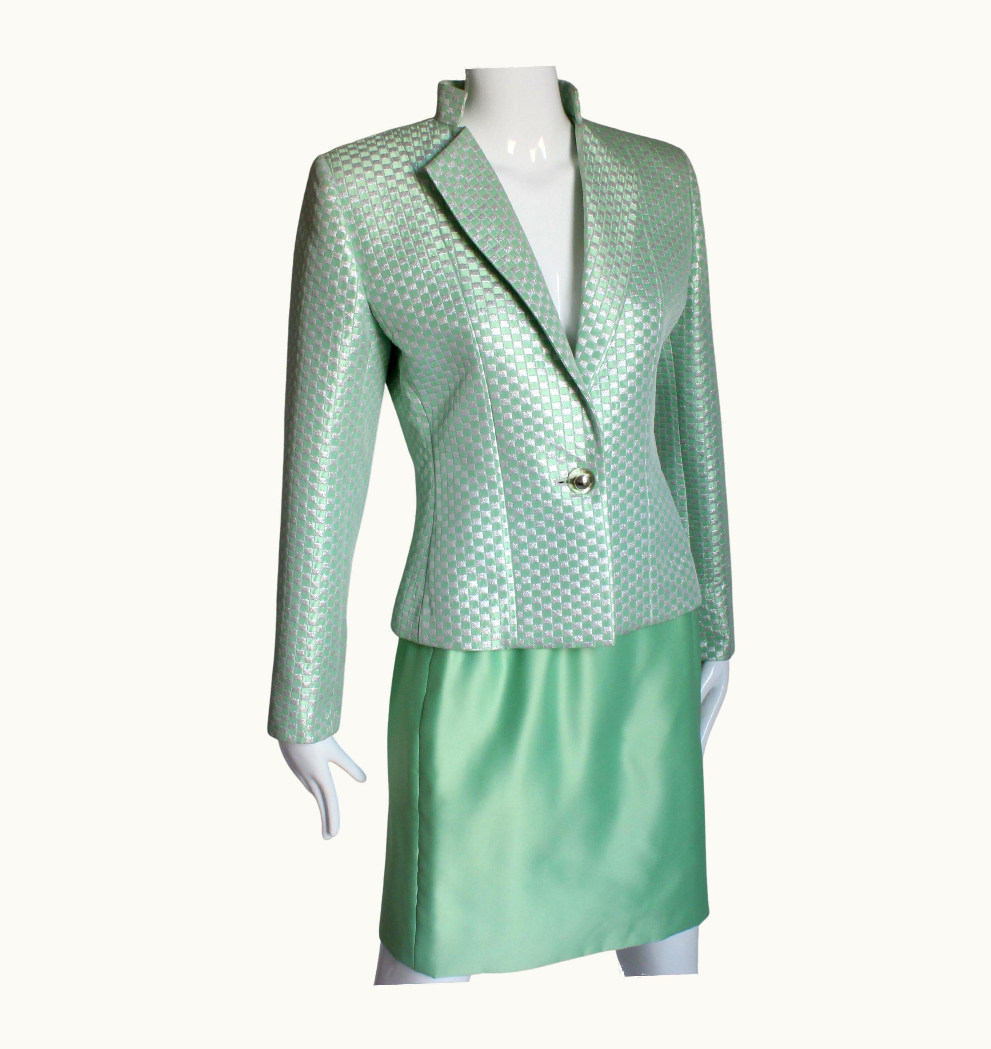Saint Laurent Yves Saint Laurent Jacket + Skirt Suit 2pc Set Lime Green Satin