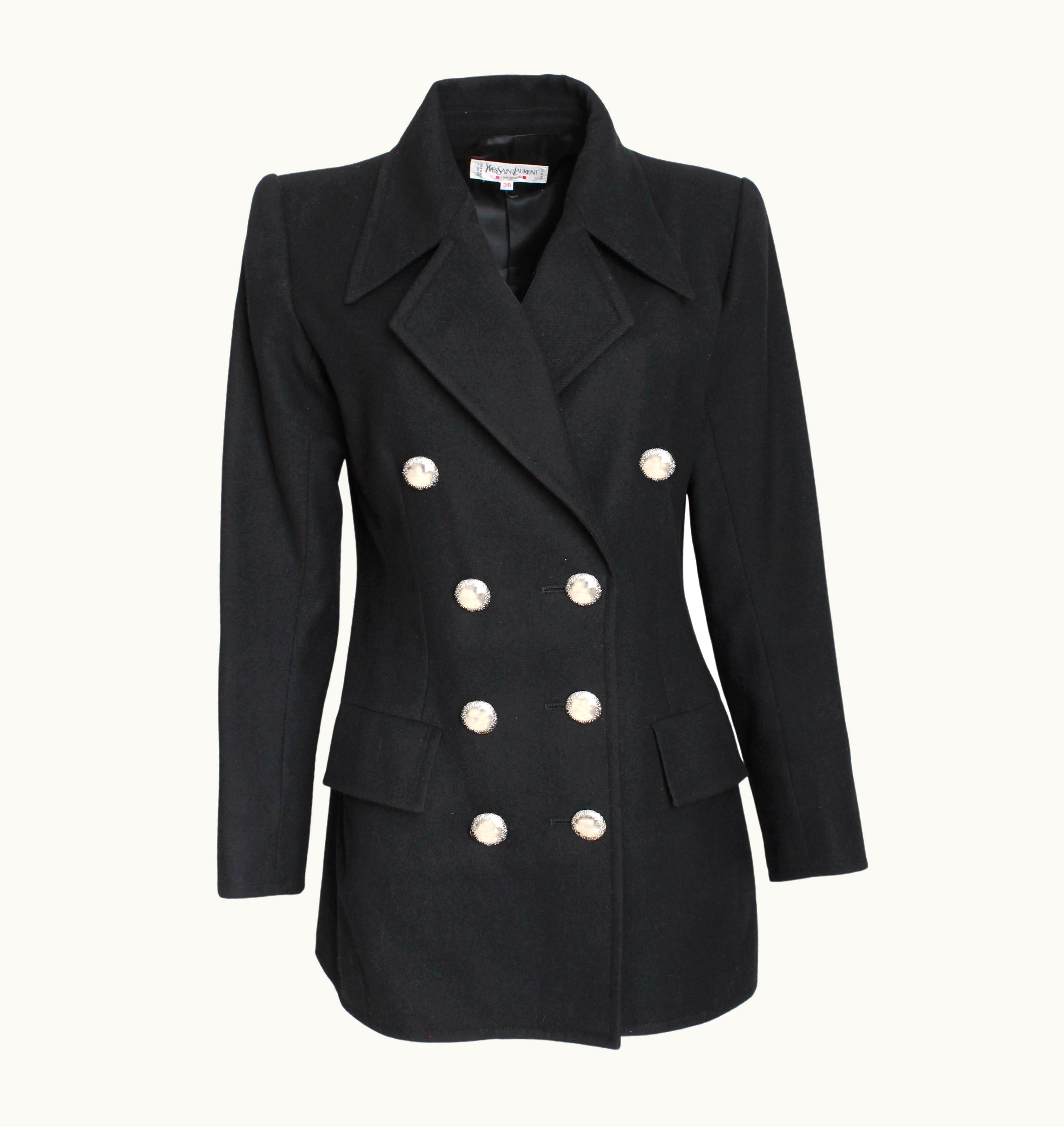 Saint Laurent Yves Saint Laurent Jacket Black Wool Double Breasted Pea Coat Style Vintage 90s