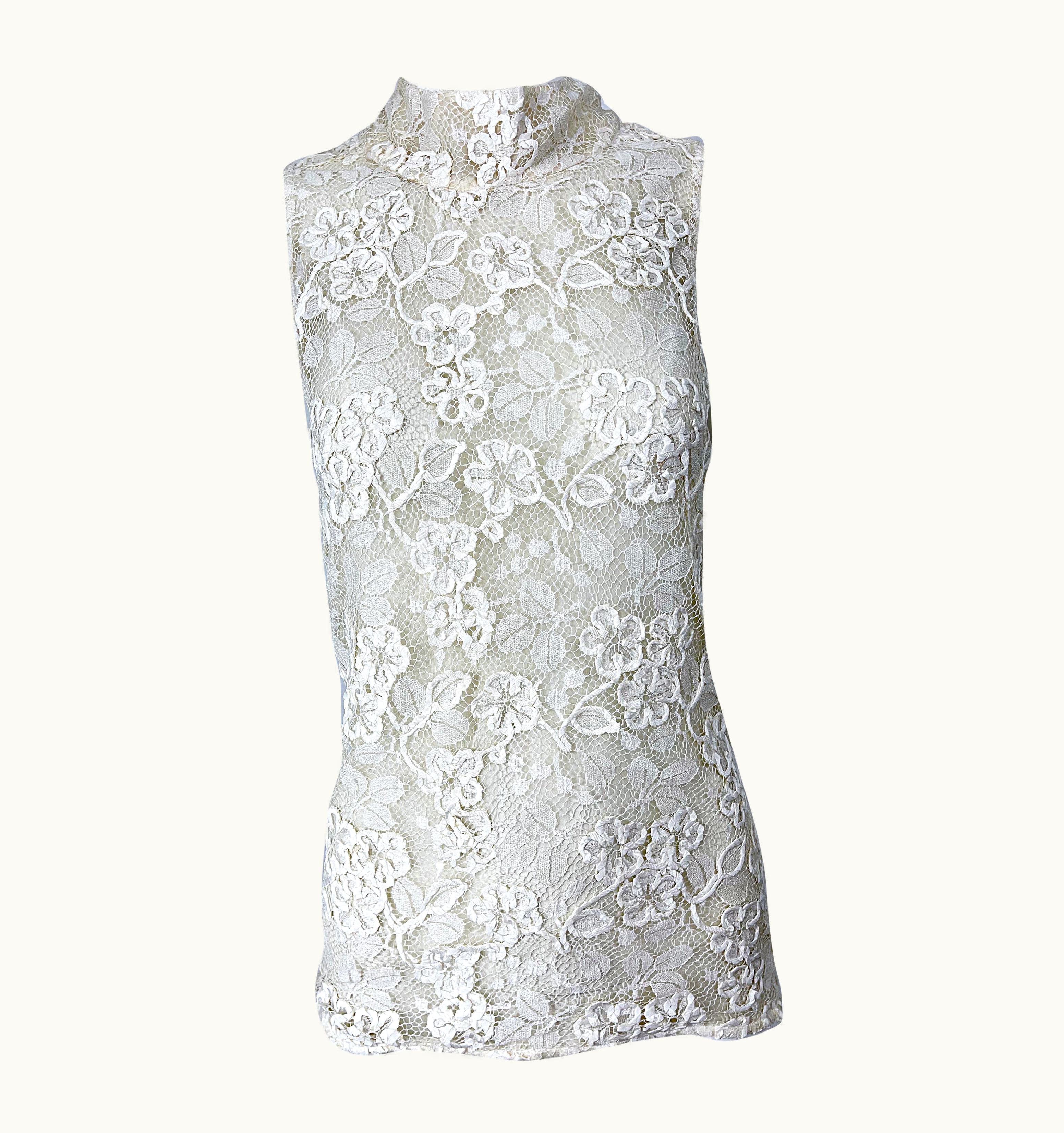 Saint Laurent Vintage Yves Saint Laurent Rive Gauche 1990s White Belgium Lace Sheer Blouse Top