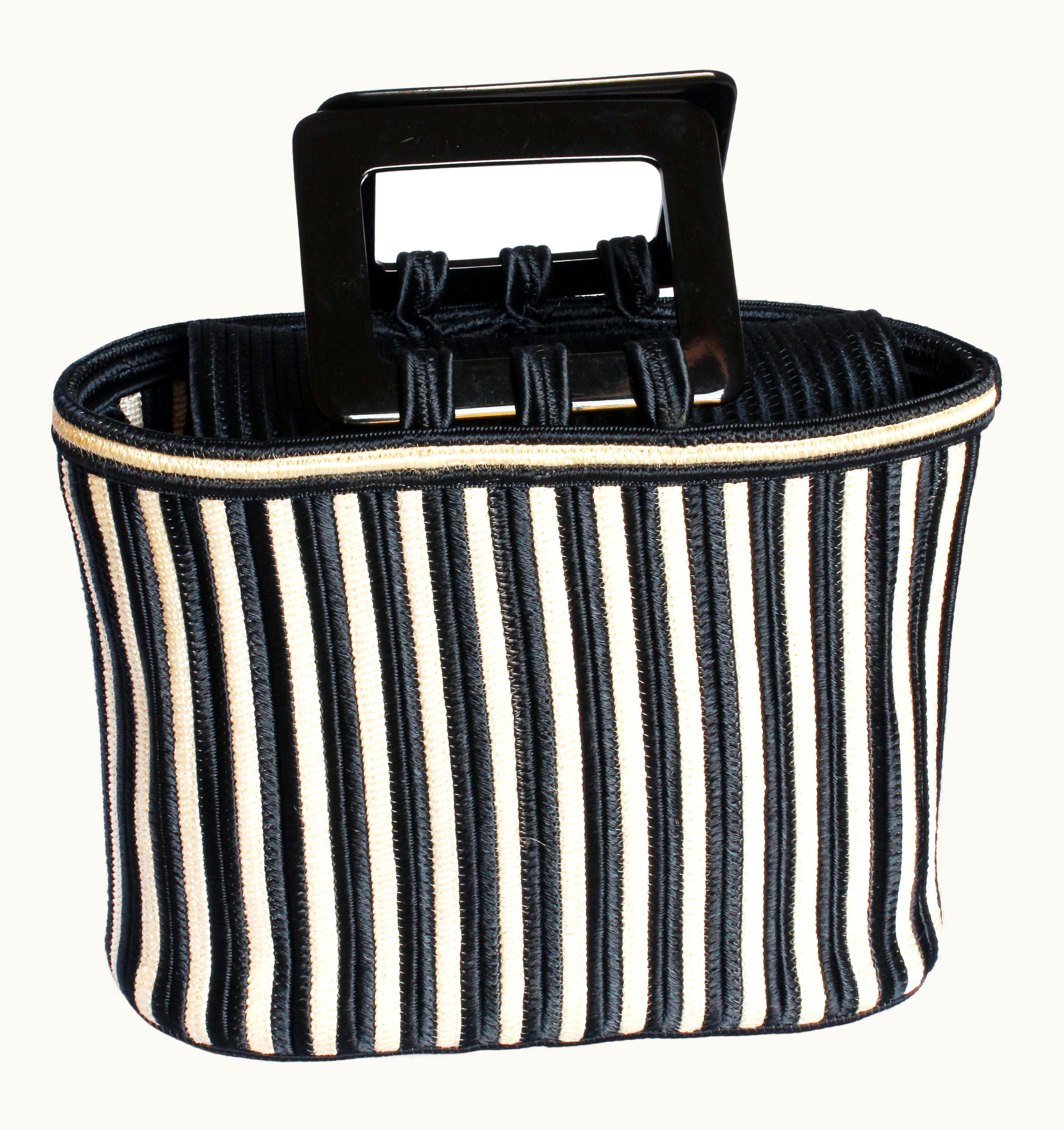 Saint Laurent Yves Saint Laurent Bag Black White Stripe Woven Silk Tote Rive Gauche Vintage