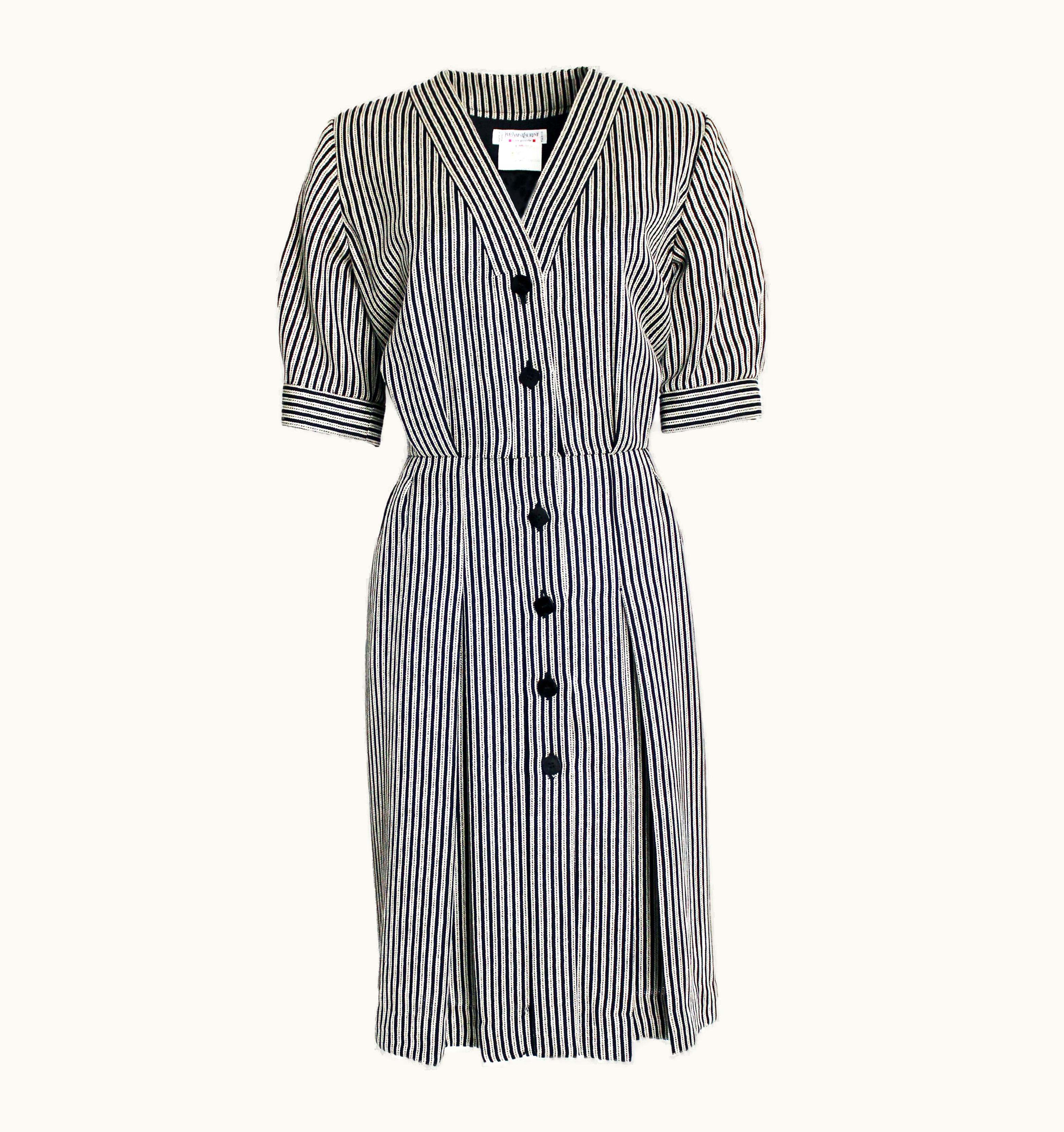 Saint Laurent Yves Saint Laurent Rive Gauche Dress Black White Stripe Wool Silk Vintage 90s