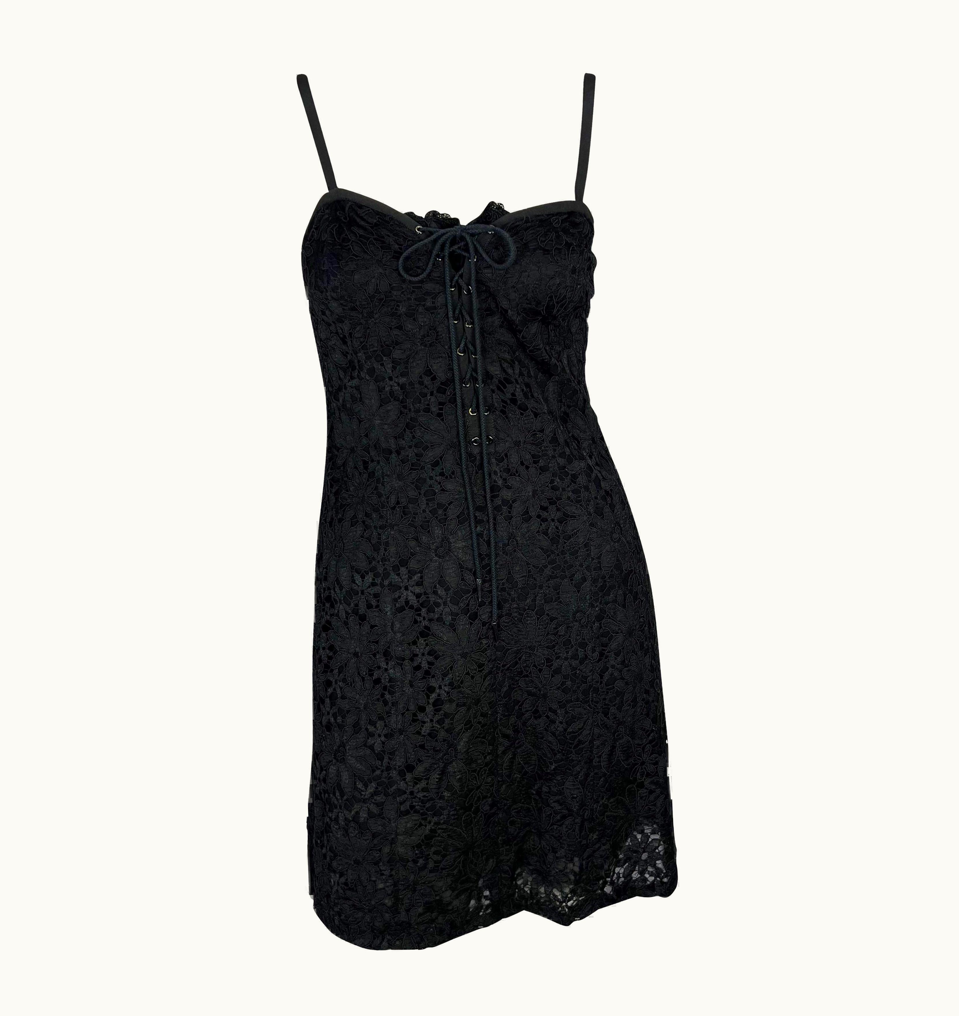 Saint Laurent Early 1990s Yves Saint Laurent Rive Gauche Lace-Up Black Sheer Lace Mini Dress