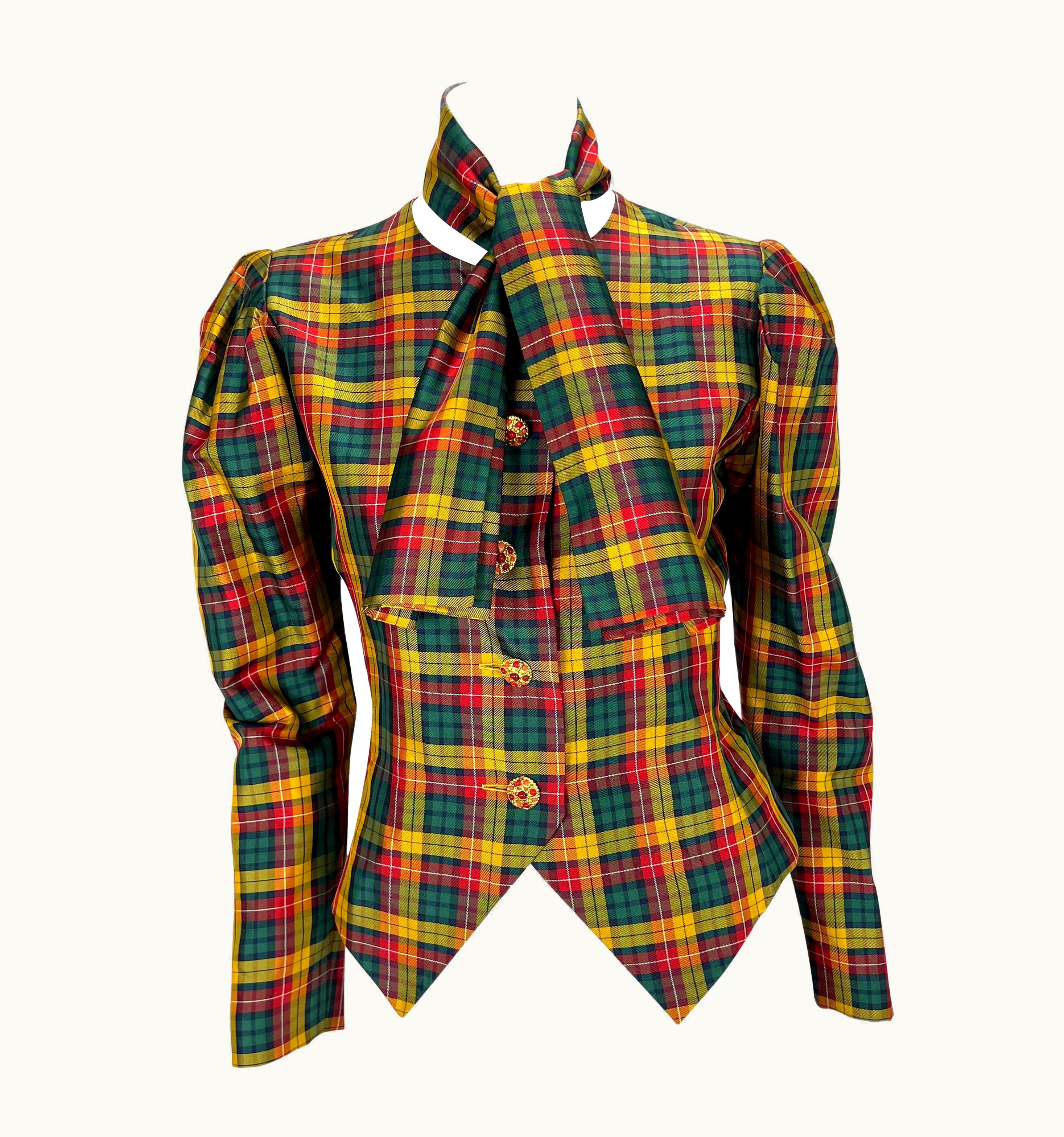 Saint Laurent AW 1995 Yves Saint Laurent Runway Red Yellow Check Silk Taffeta Blouse & Scarf