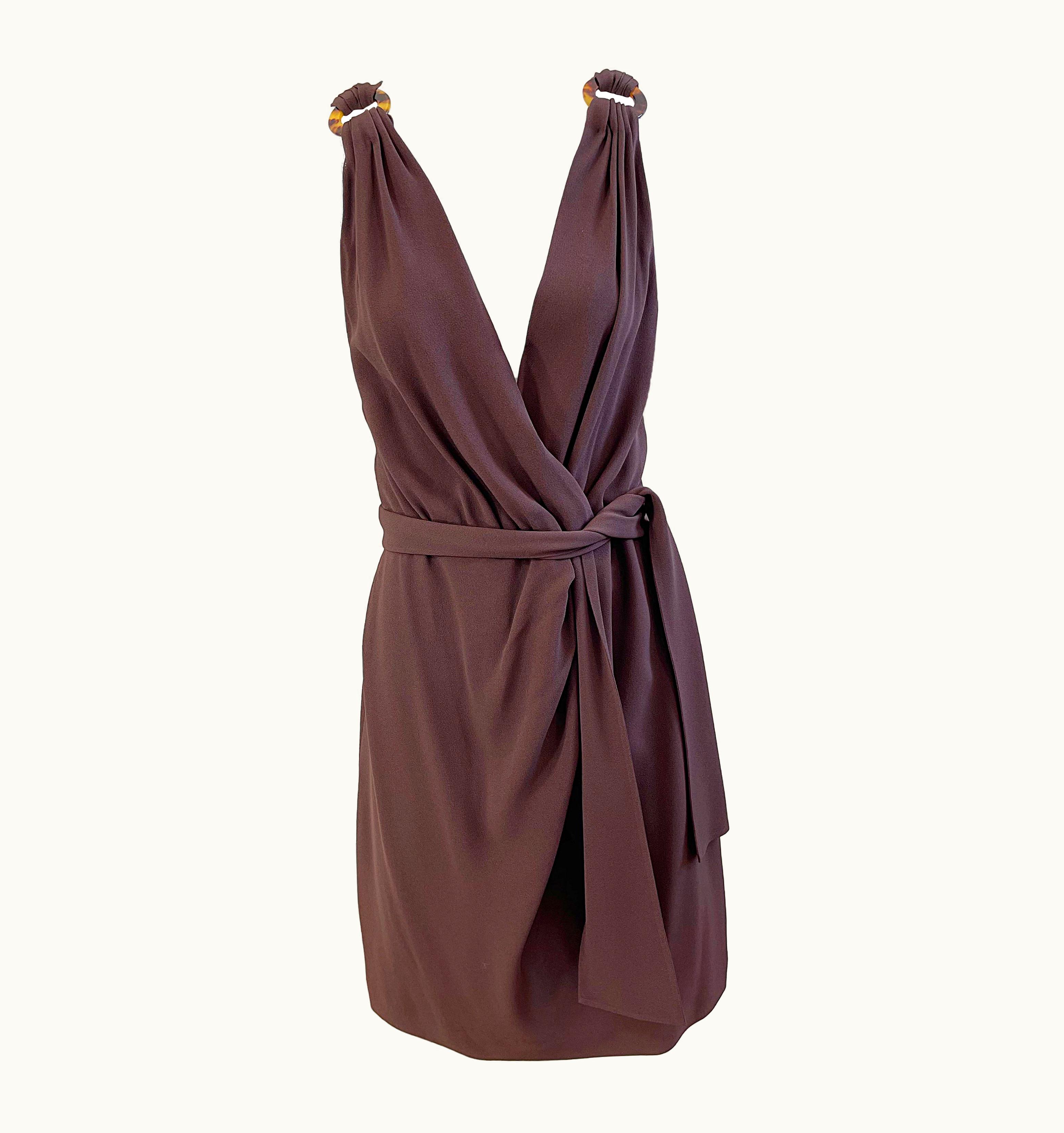 Saint Laurent 1990s Yves Saint Laurent 6 S/S 8 Brown Plunging Vintage 90s YSL Dress