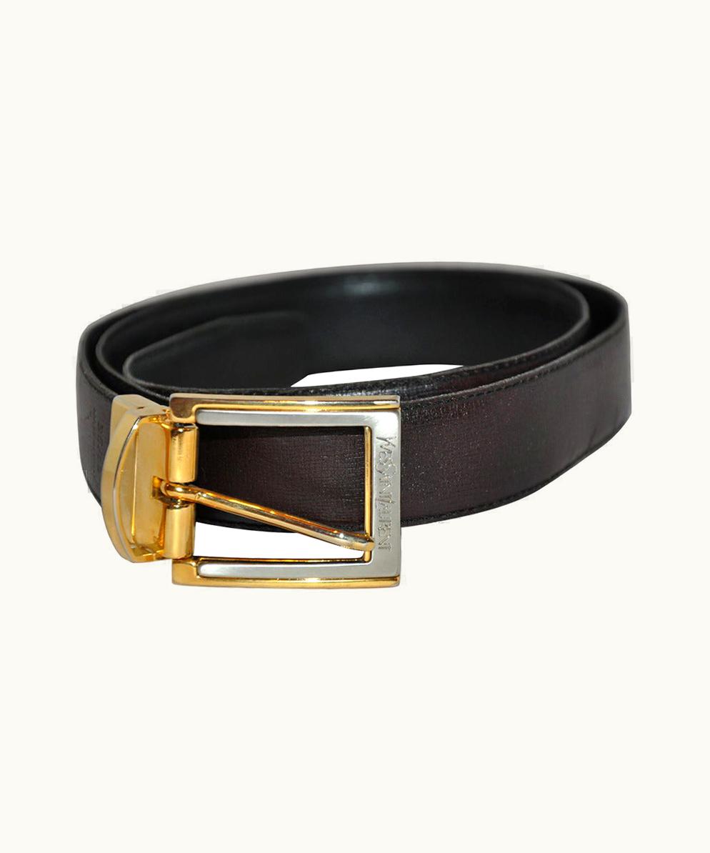 Saint Laurent Yves Saint Laurent Men' Reversible Calfskin With Gold Hardware Belt