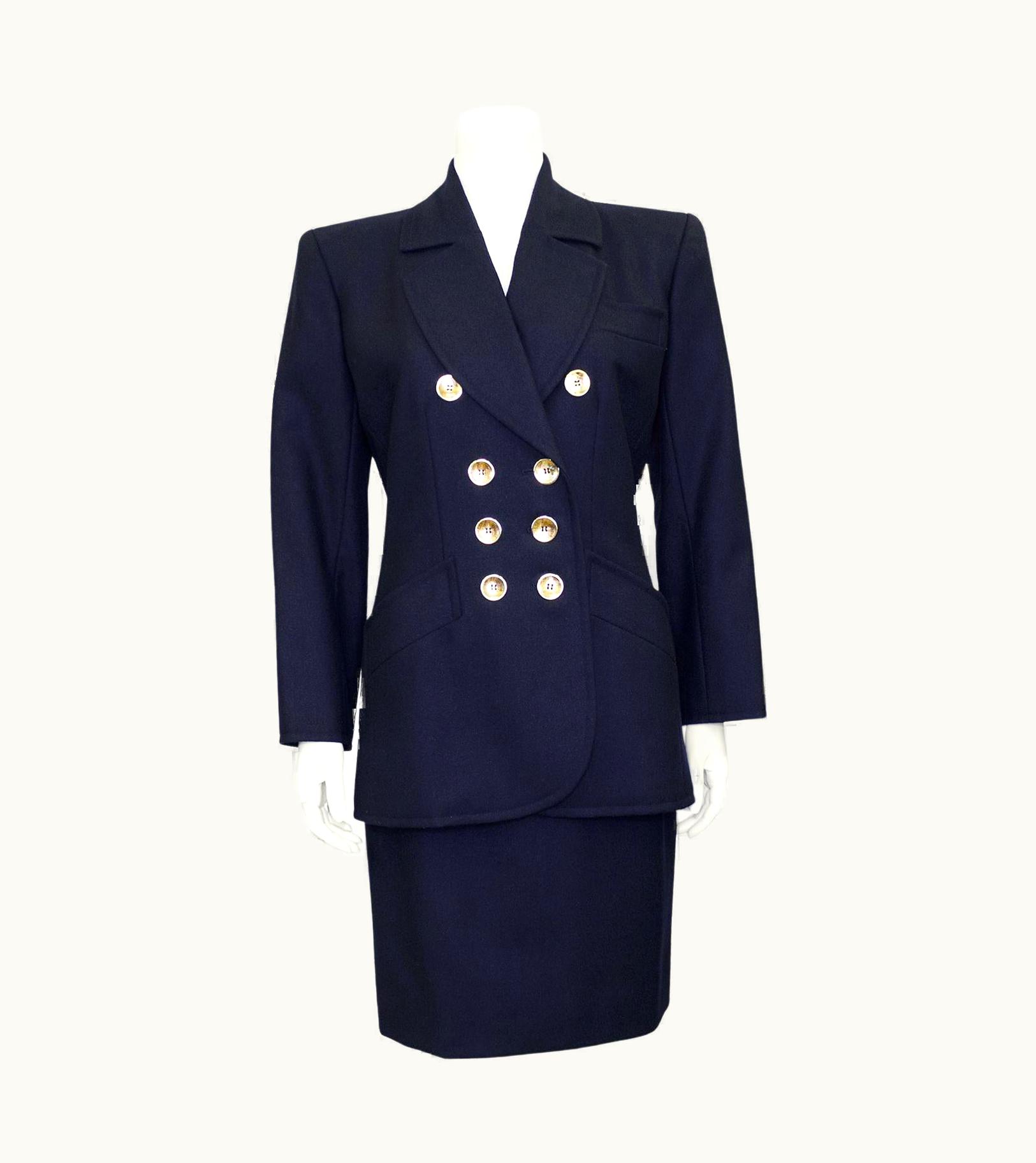 Saint Laurent Early 1990s Saint Laurent Navy Wool Skirt Suit With Gold Buttons