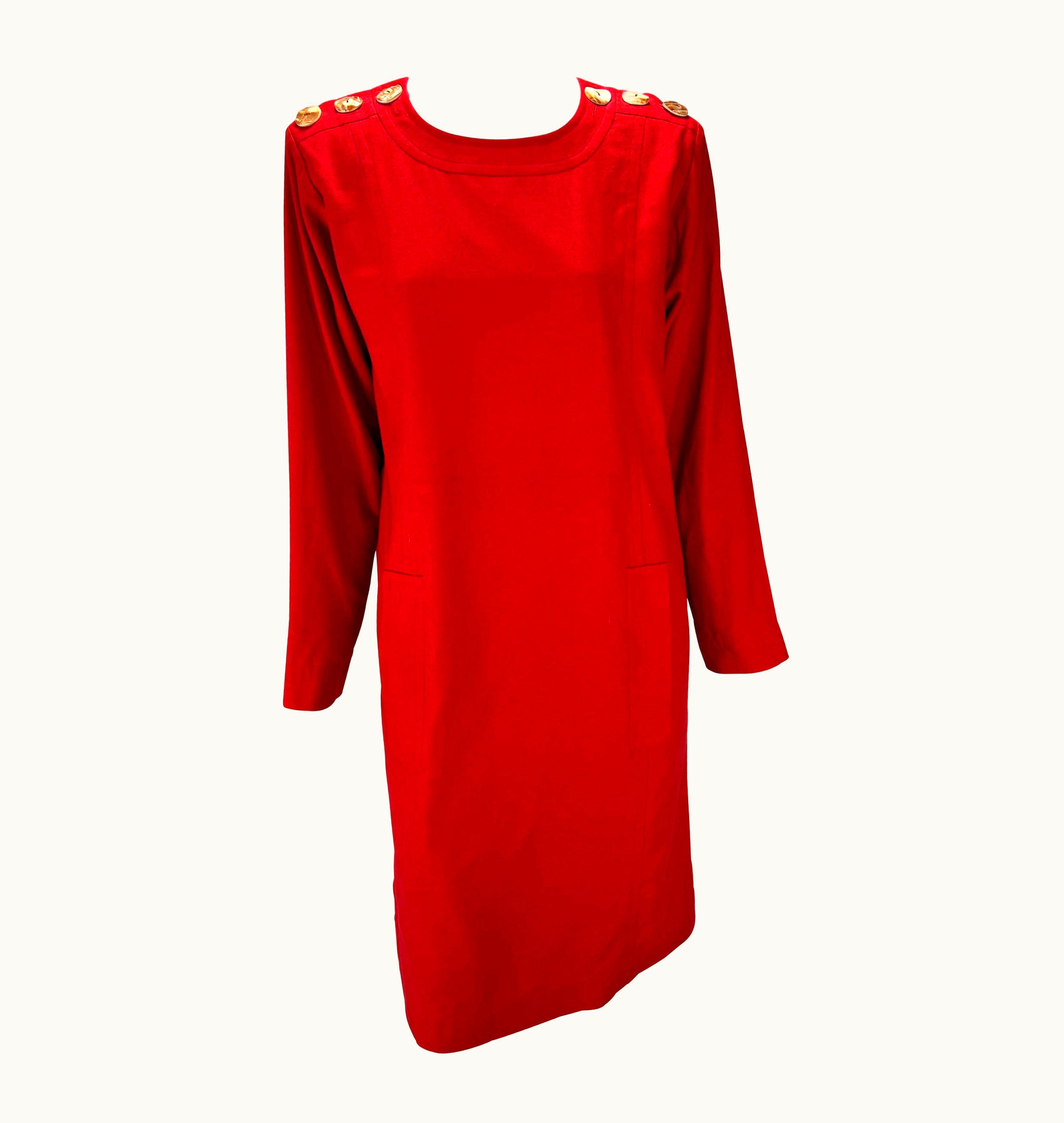 Saint Laurent S/S 1992 Yves Saint Laurent Rive Gauche Red Silk Carved Shell Pocket Shift Dress