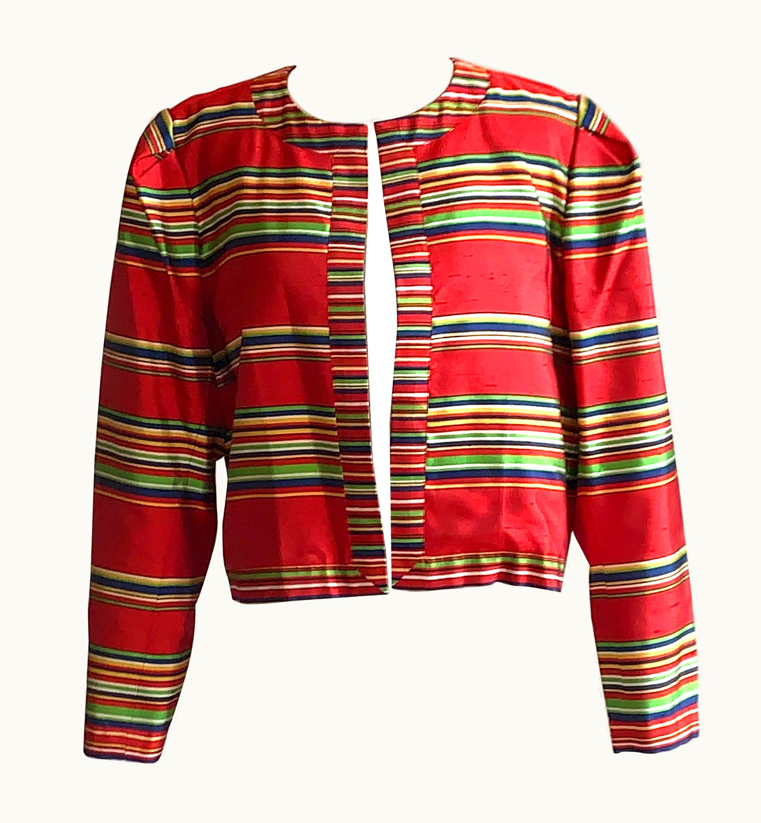 Saint Laurent Yves Saint Laurent 1990s Silk Jacket In Red, Green, Blue And Yellow Stripe