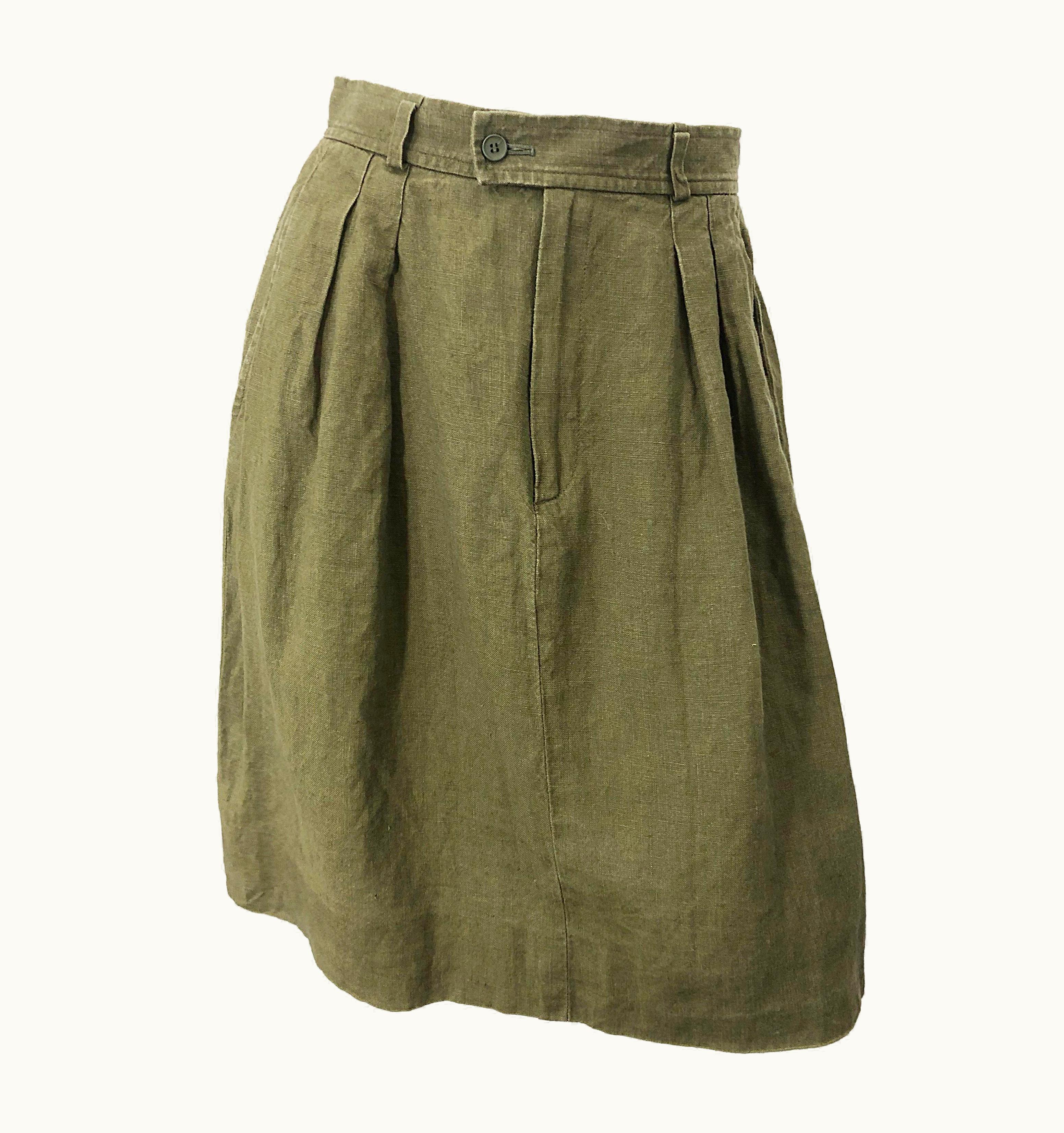 Saint Laurent 1990s Yves Saint Laurent YSL Rive Gauche Army Green Vintage 90s Linen Skirt