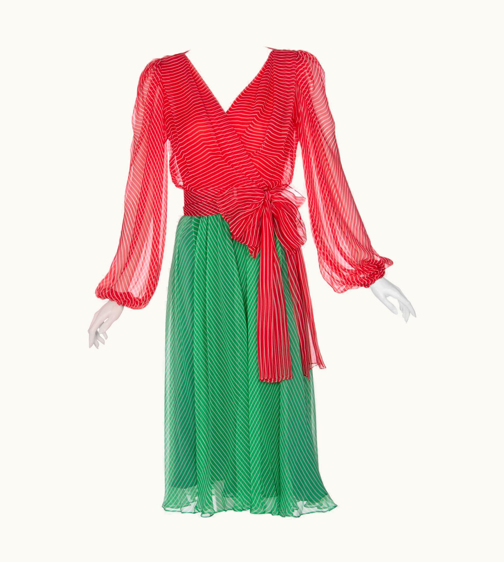 Saint Laurent Yves Saint Laurent YSL Haute Couture Red S/S Green Stripe Silk Chiffon Dress 1991 UZ0585742