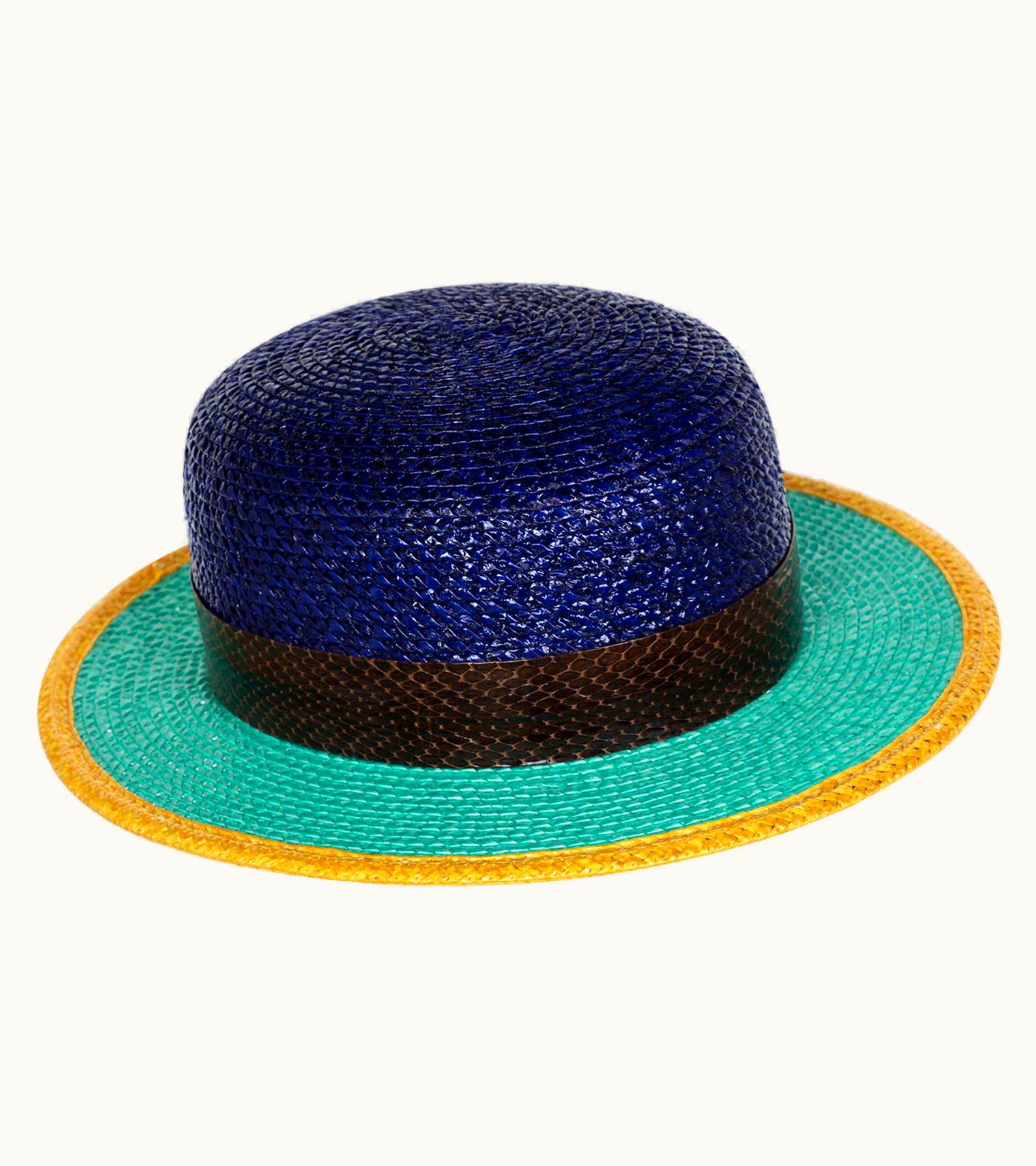 Saint Laurent Yves Saint Laurent Glossy Color Block Snakeskin Trim Bowler Hat YSL, 1990s UZ0585747