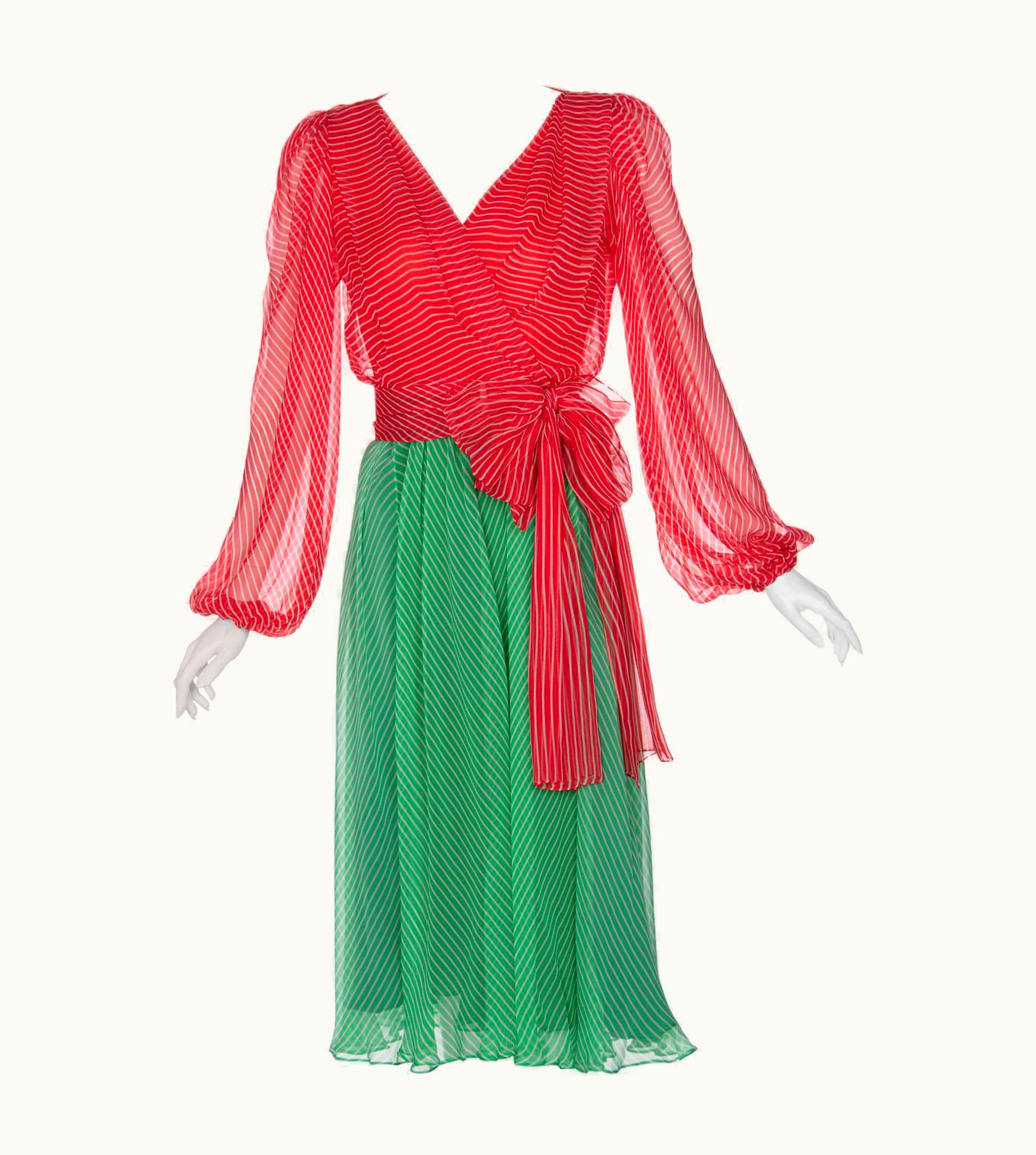 Saint Laurent Yves Saint Laurent YSL Haute Couture Red S/S Green Stripe Silk Chiffon Dress 1991 UZ0585748